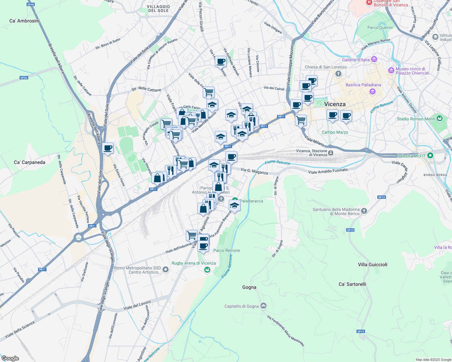 map of restaurants, bars, coffee shops, grocery stores, and more near 77 Via G. Vaccari in Vicenza