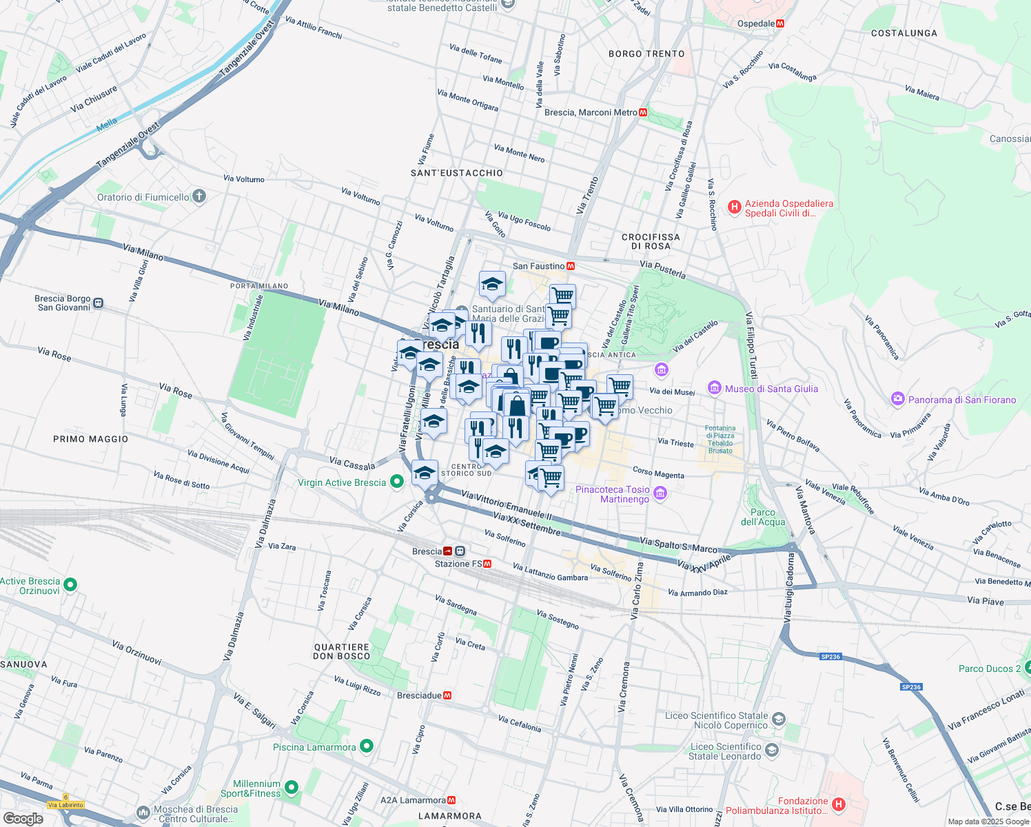 map of restaurants, bars, coffee shops, grocery stores, and more near 6 Via Giacomo Malvezzi in Brescia