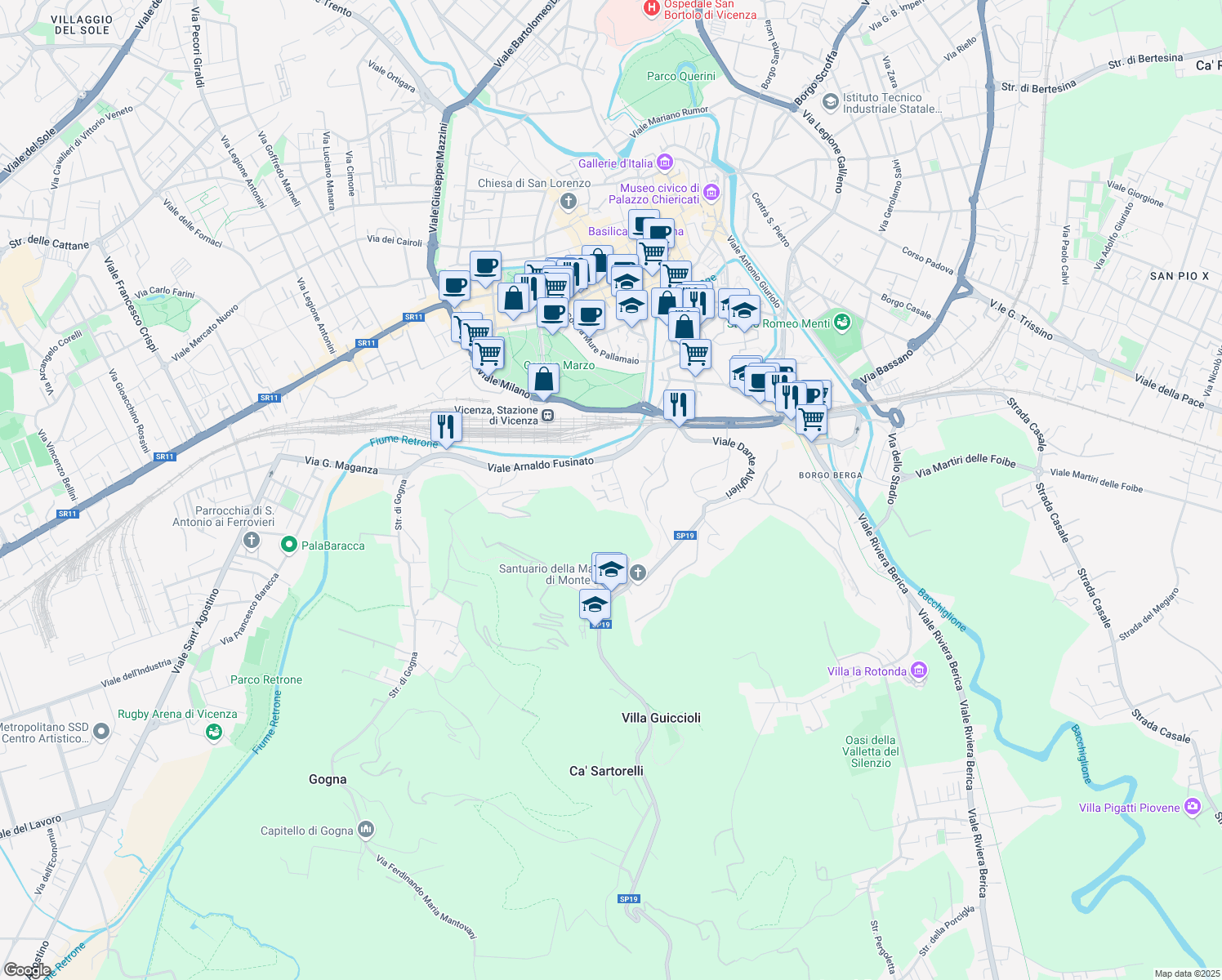 map of restaurants, bars, coffee shops, grocery stores, and more near 46 Via Facchinetti in Vicenza
