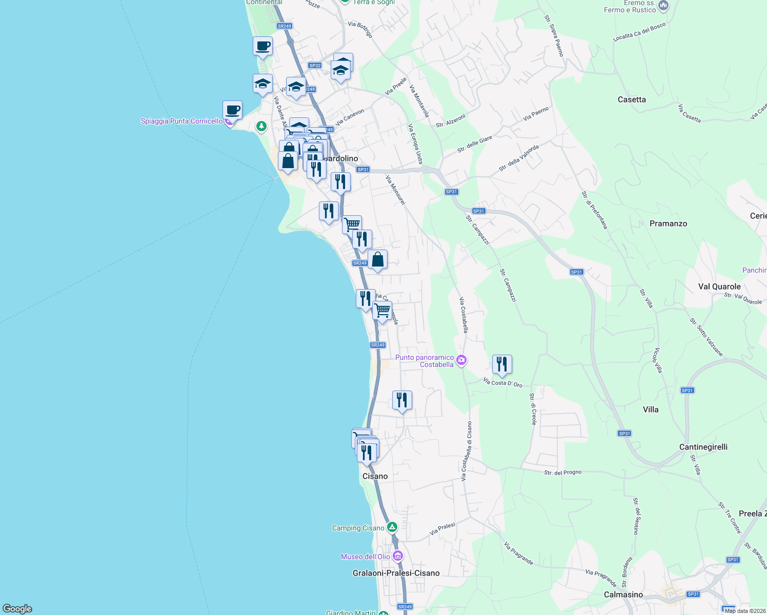 map of restaurants, bars, coffee shops, grocery stores, and more near 12 Piazza Serenissima in Bardolino
