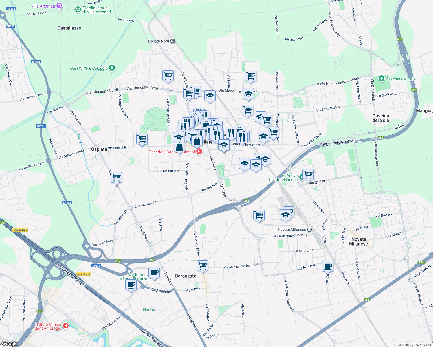map of restaurants, bars, coffee shops, grocery stores, and more near 26 Via Piave in Bollate