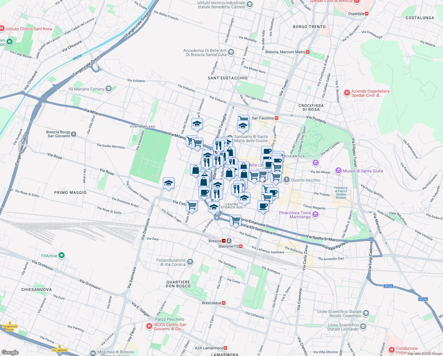 map of restaurants, bars, coffee shops, grocery stores, and more near 36 Contrada delle Bassiche in Brescia