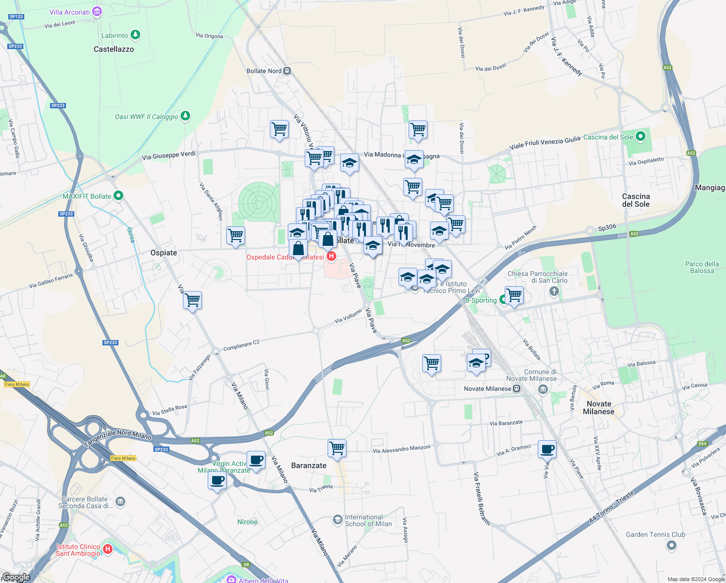 map of restaurants, bars, coffee shops, grocery stores, and more near 26 Via Piave in Bollate