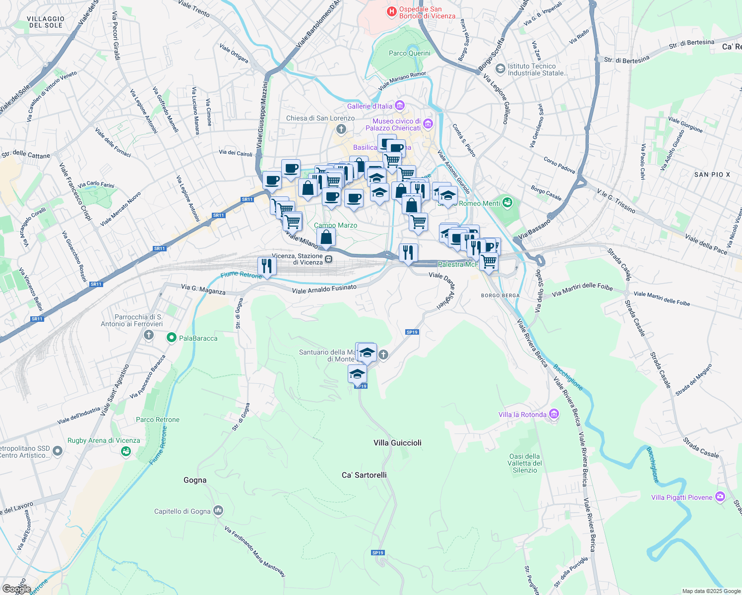 map of restaurants, bars, coffee shops, grocery stores, and more near 46 Via Facchinetti in Vicenza