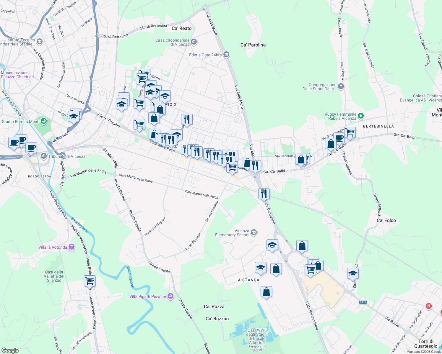 map of restaurants, bars, coffee shops, grocery stores, and more near 96 Via Lazzaro Bonamico in Vicenza