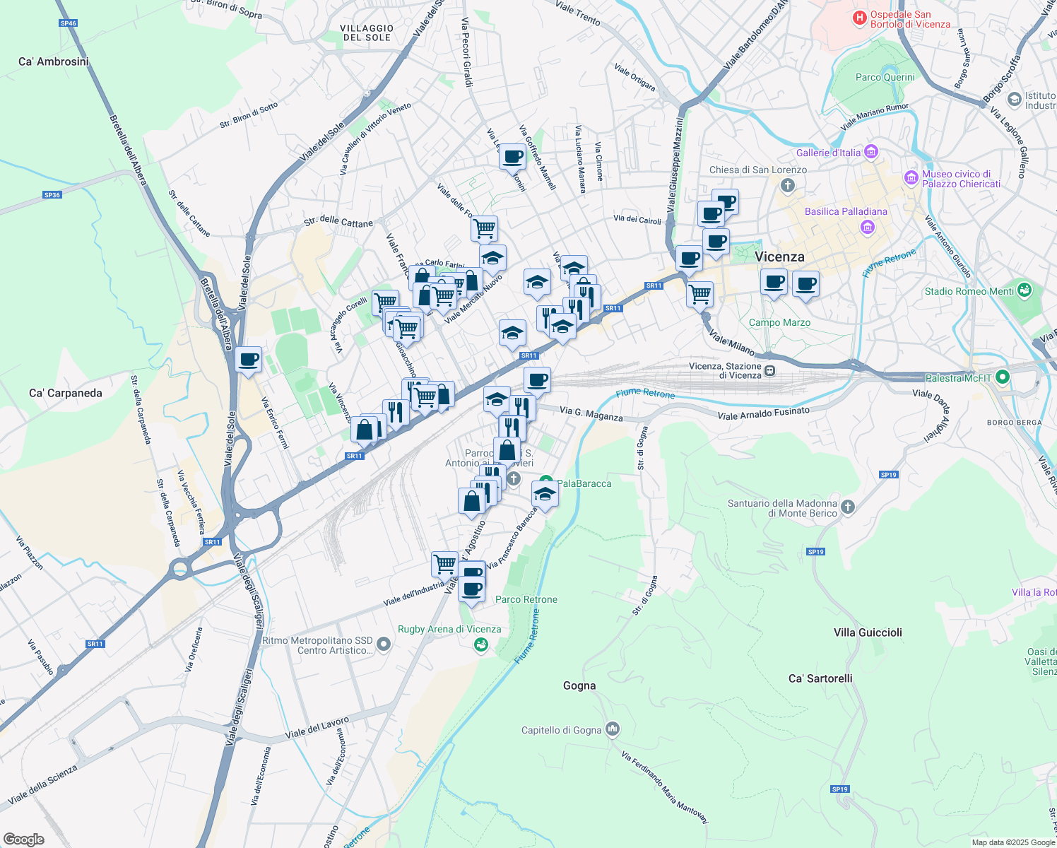 map of restaurants, bars, coffee shops, grocery stores, and more near 77 Via Giuseppe Vaccari in Vicenza