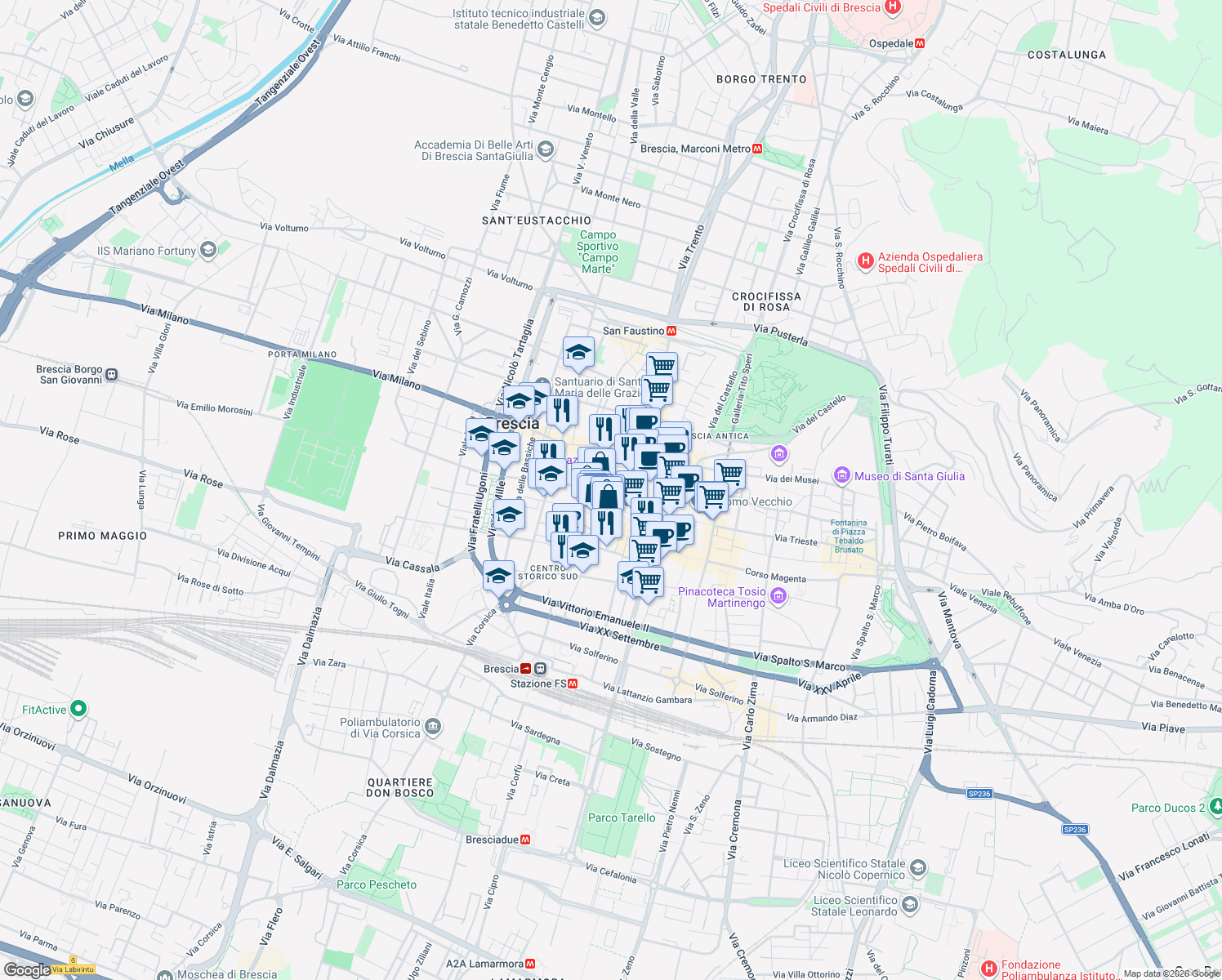 map of restaurants, bars, coffee shops, grocery stores, and more near 6 Via Giacomo Malvezzi in Brescia