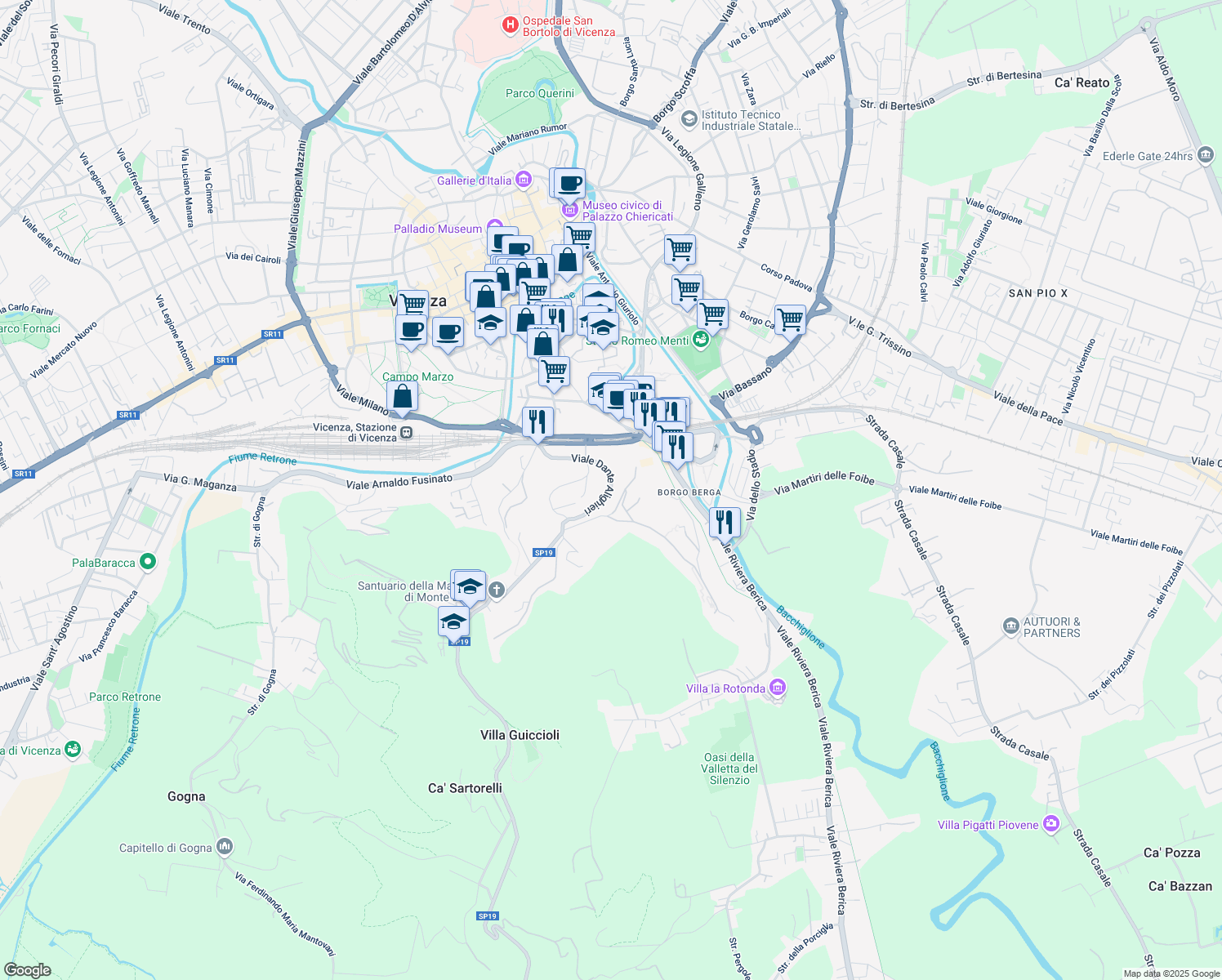 map of restaurants, bars, coffee shops, grocery stores, and more near 2 Viale Massimo D'Azeglio in Vicenza