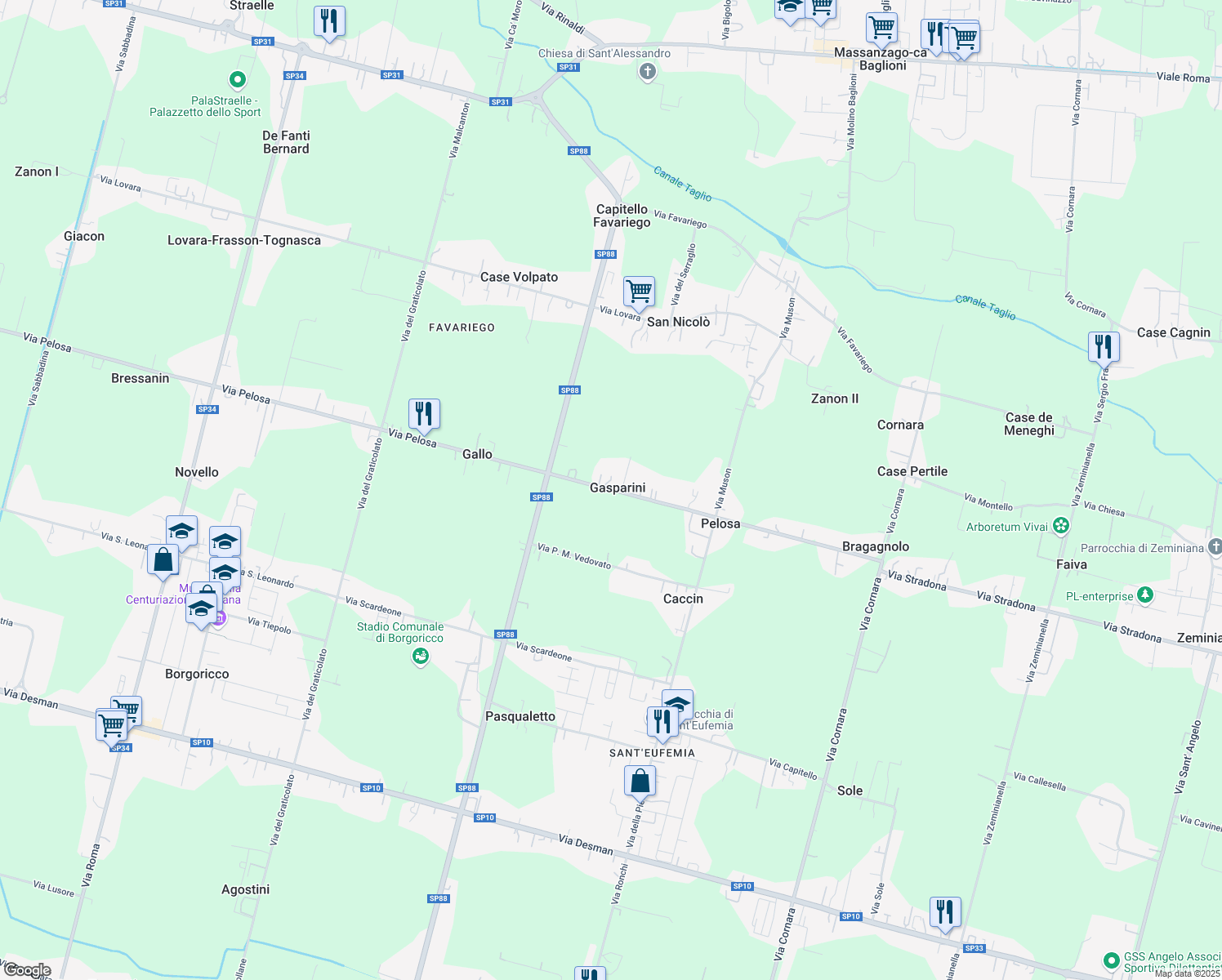 map of restaurants, bars, coffee shops, grocery stores, and more near 74 Via Pelosa in Gasparini