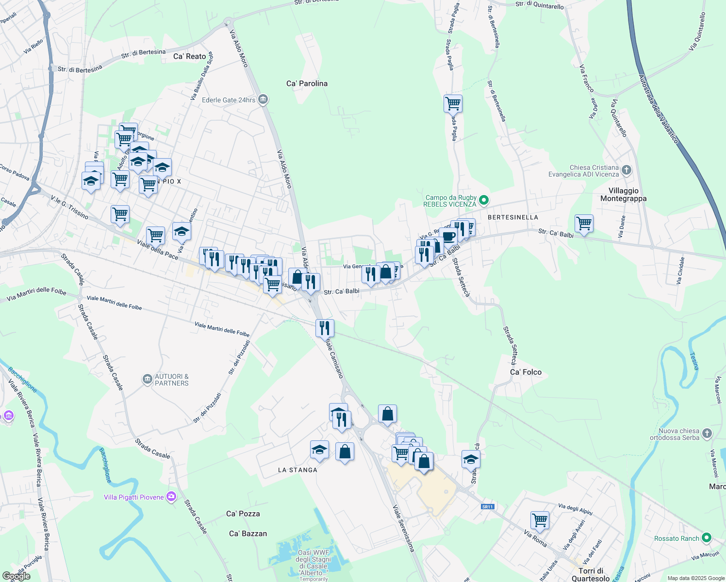 map of restaurants, bars, coffee shops, grocery stores, and more near 87 Strada di Cà Balbi in Vicenza