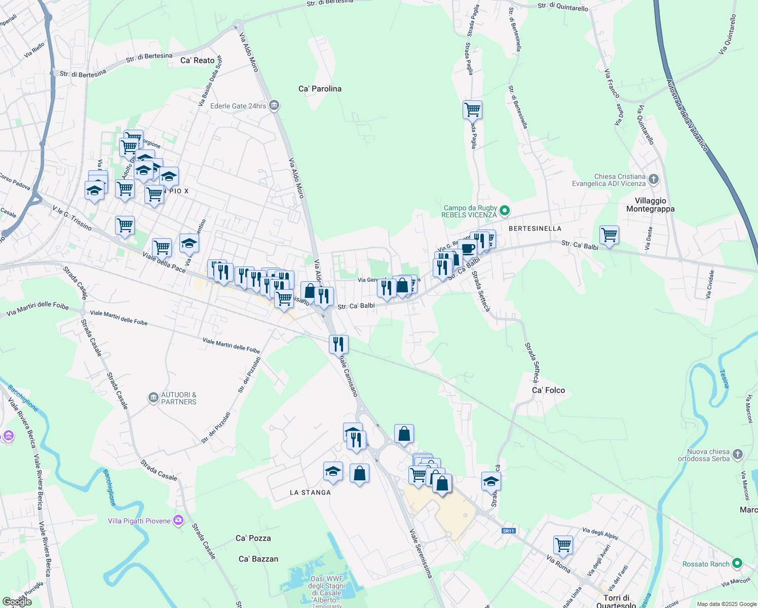 map of restaurants, bars, coffee shops, grocery stores, and more near 87 Strada Ca' Balbi in Vicenza
