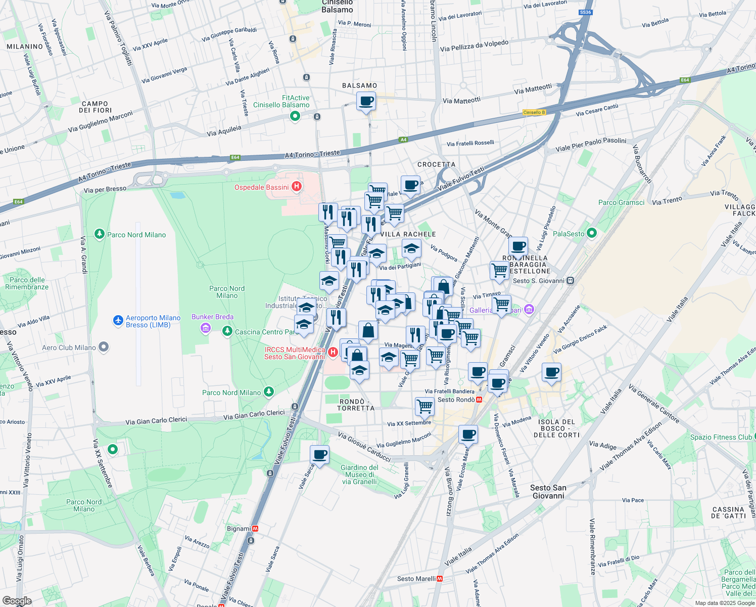 map of restaurants, bars, coffee shops, grocery stores, and more near 215 Via S. Denis in Sesto San Giovanni