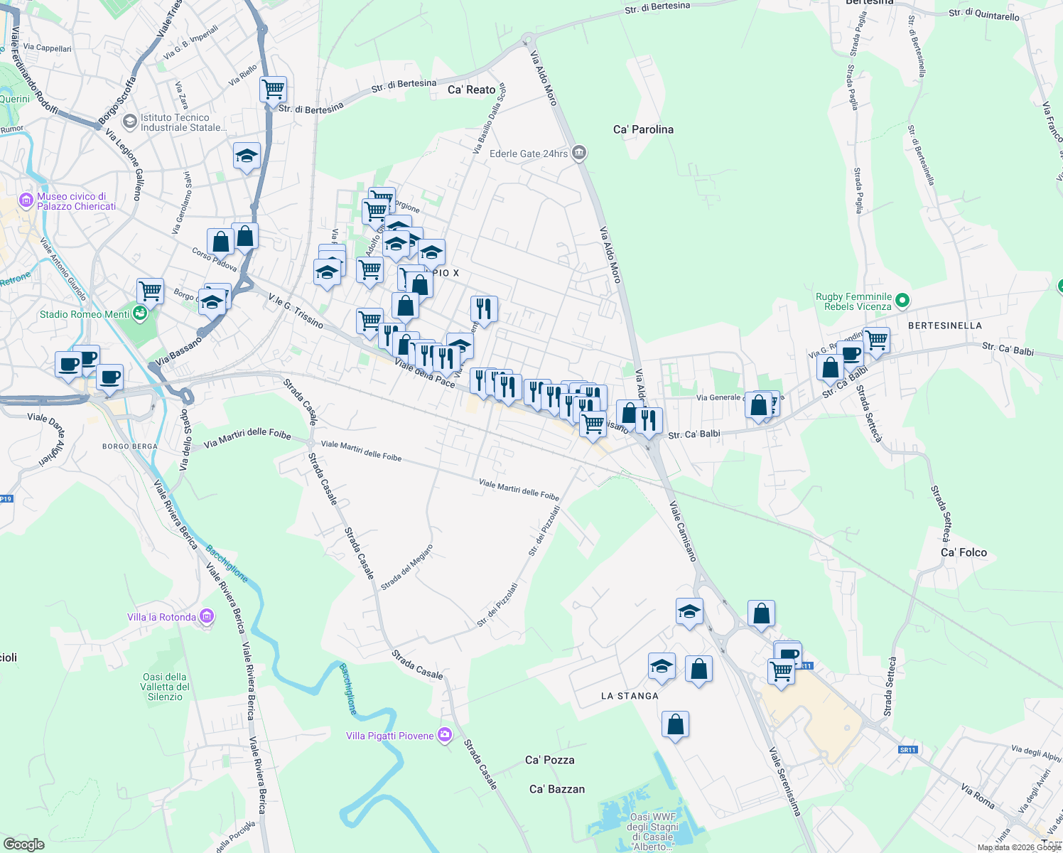 map of restaurants, bars, coffee shops, grocery stores, and more near 29 Via Giuseppe Barbieri in Vicenza