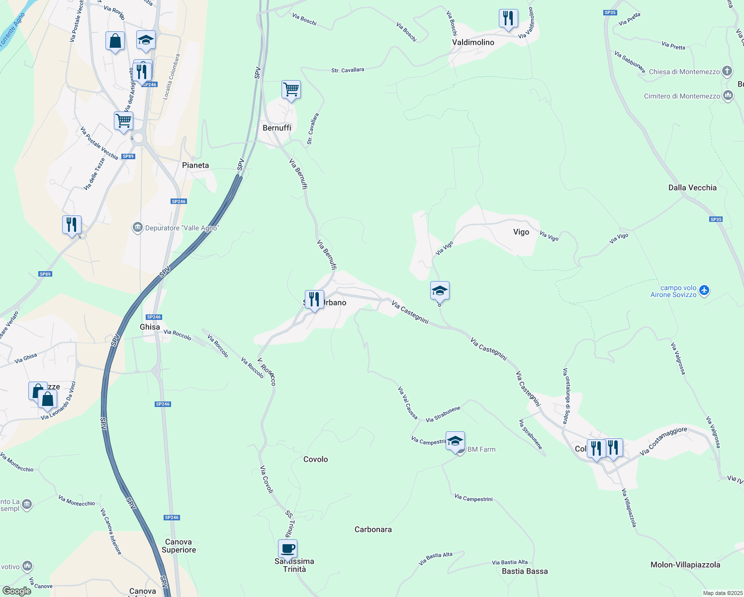 map of restaurants, bars, coffee shops, grocery stores, and more near 41 Via San Urbano in Cornuda