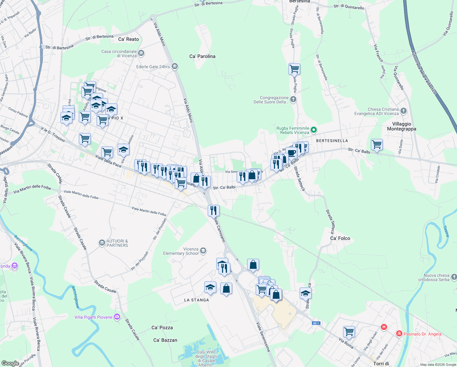 map of restaurants, bars, coffee shops, grocery stores, and more near 2 Via Giovanni Emiliani in Vicenza
