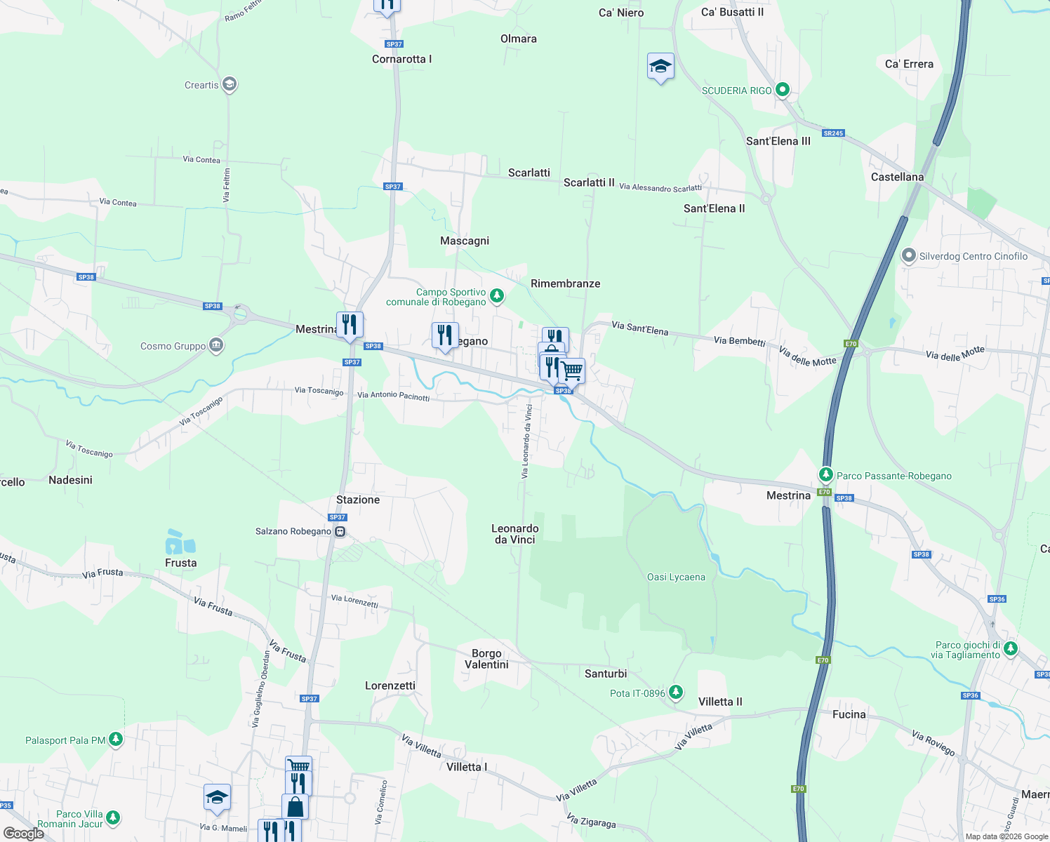 map of restaurants, bars, coffee shops, grocery stores, and more near 12 Via Leonardo da Vinci in Robegano