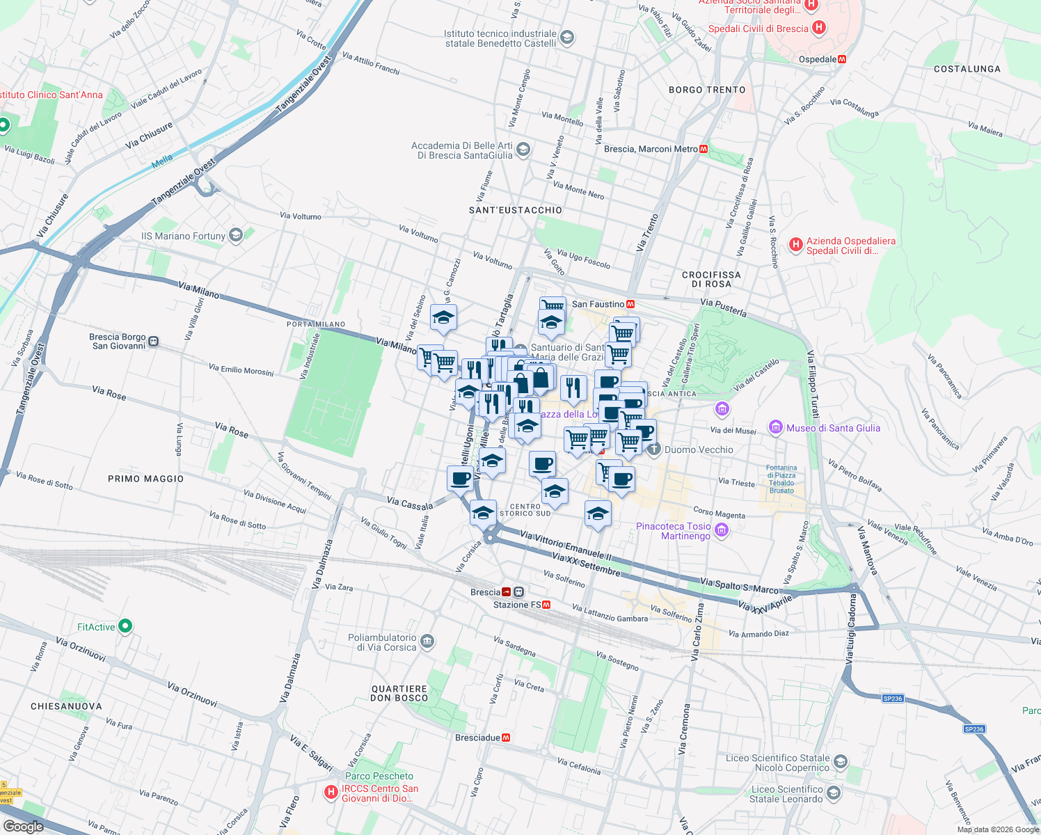 map of restaurants, bars, coffee shops, grocery stores, and more near 10a Vicolo Dell' Inganno in Brescia