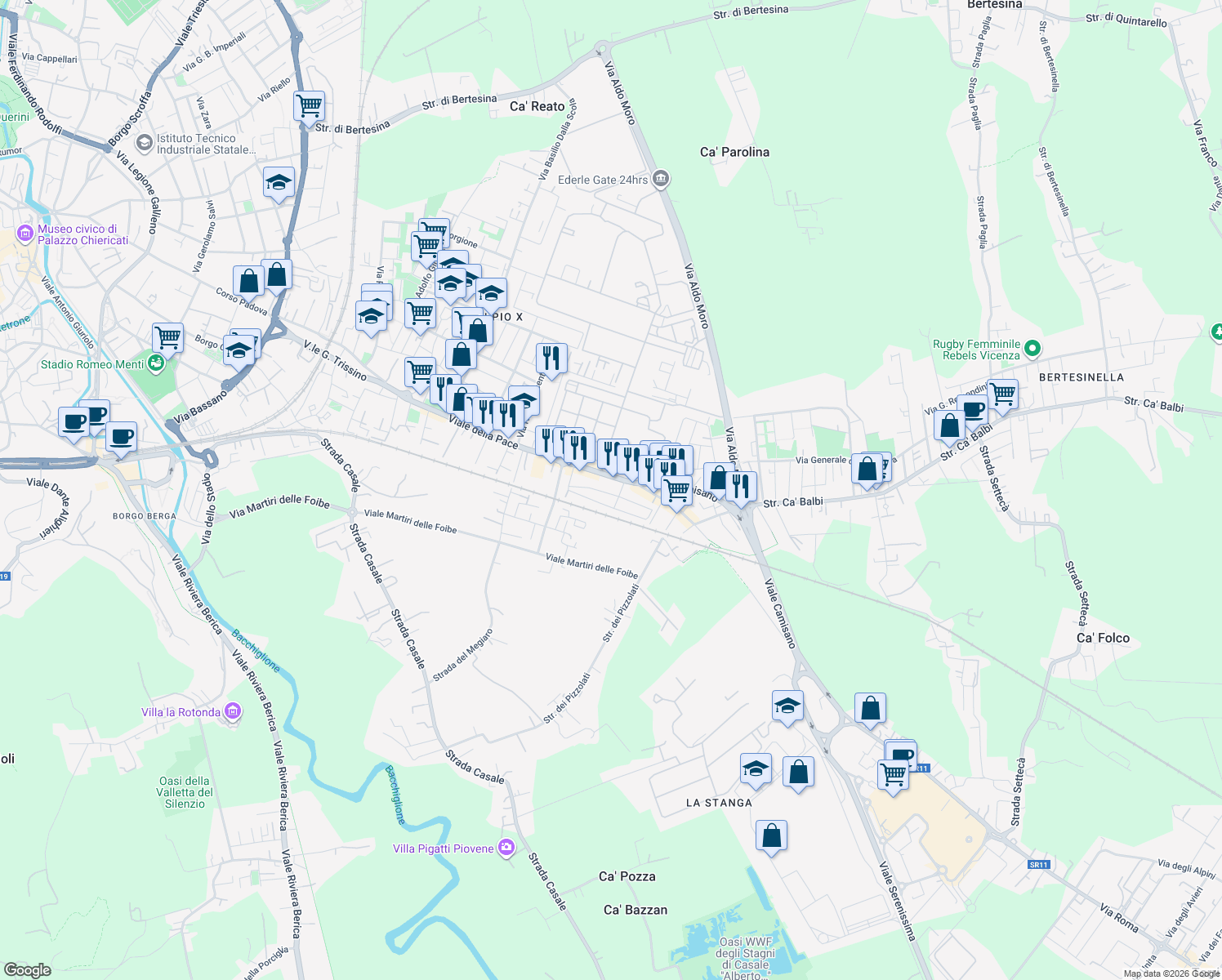 map of restaurants, bars, coffee shops, grocery stores, and more near 29 Via Giuseppe Barbieri in Vicenza