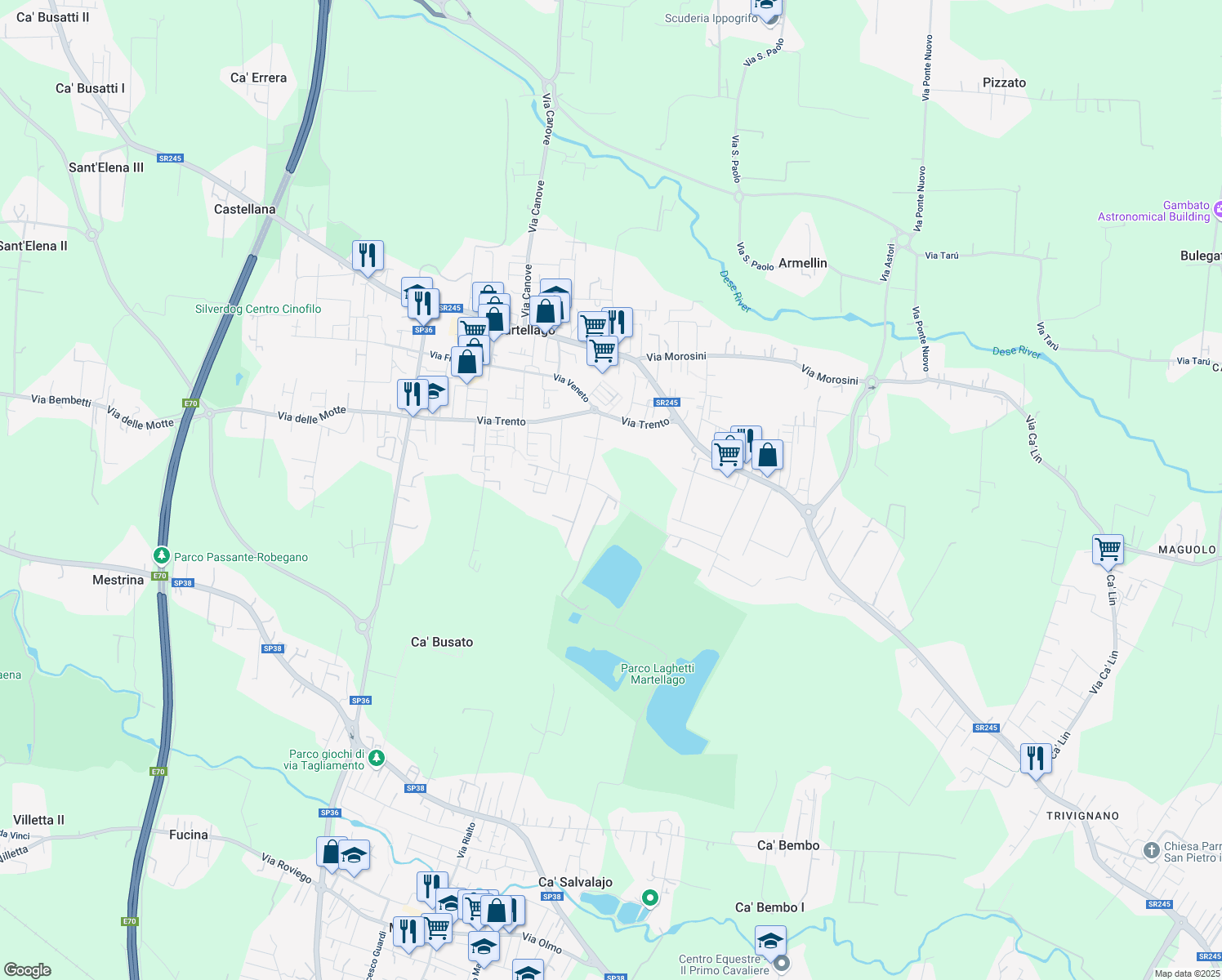 map of restaurants, bars, coffee shops, grocery stores, and more near 17 Via delle Pree in Martellago