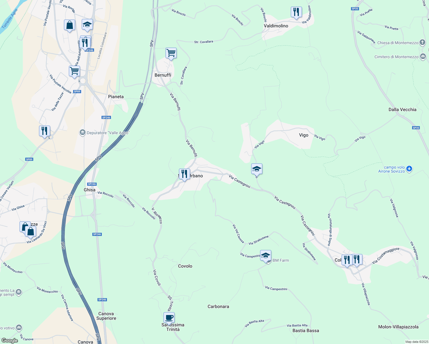 map of restaurants, bars, coffee shops, grocery stores, and more near 41 Via S. Urbano in Sant'urbano