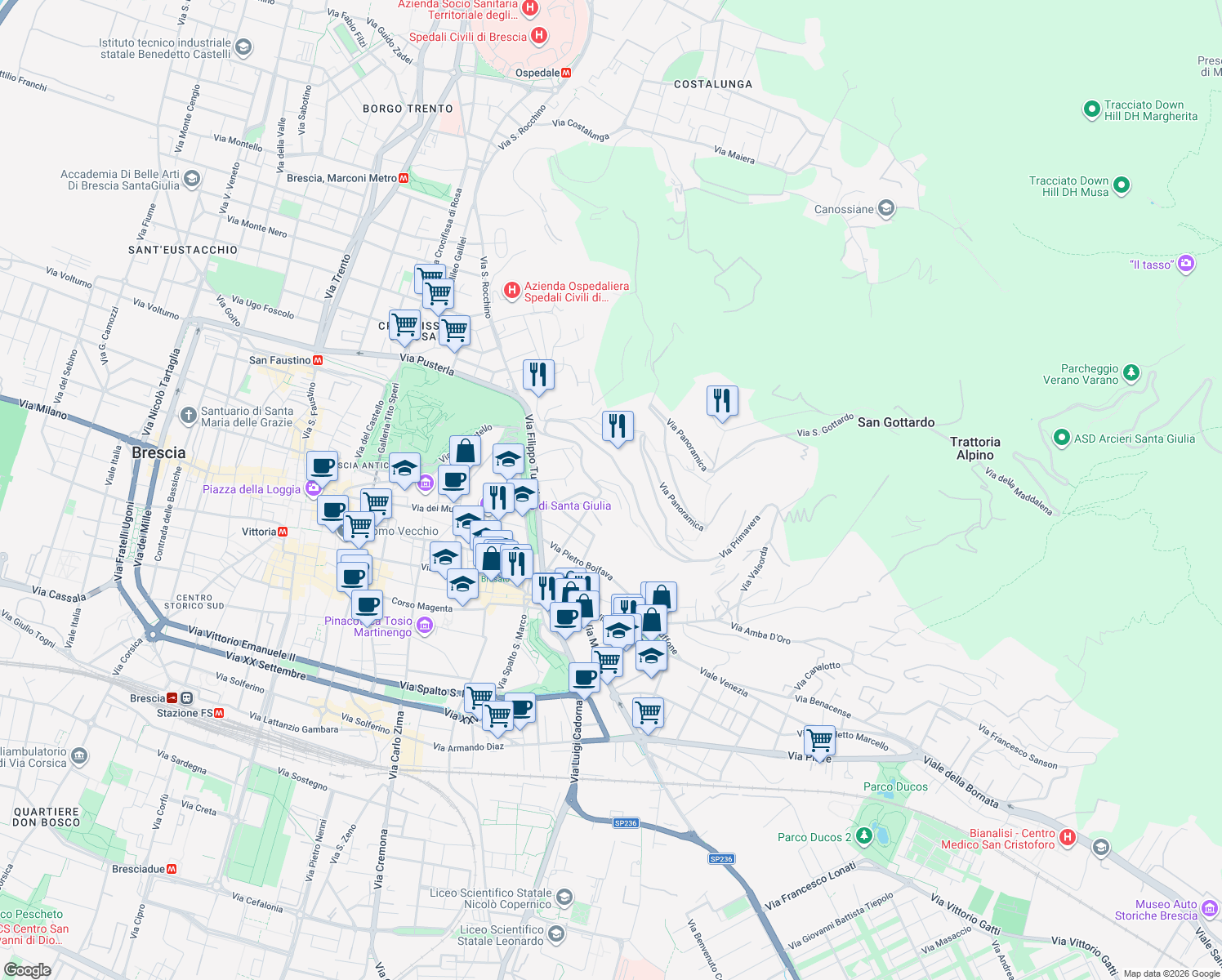 map of restaurants, bars, coffee shops, grocery stores, and more near 18 Via Panoramica dei Ronchi in Brescia