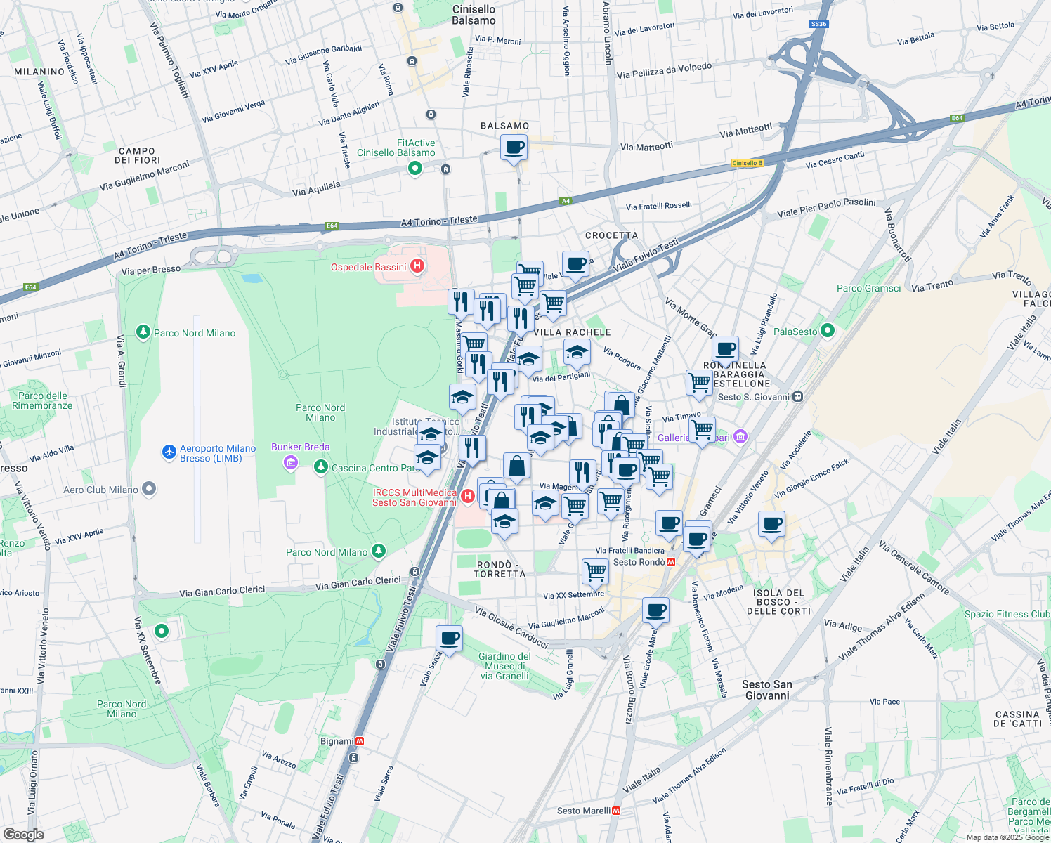 map of restaurants, bars, coffee shops, grocery stores, and more near 215 Via S. Denis in Sesto San Giovanni