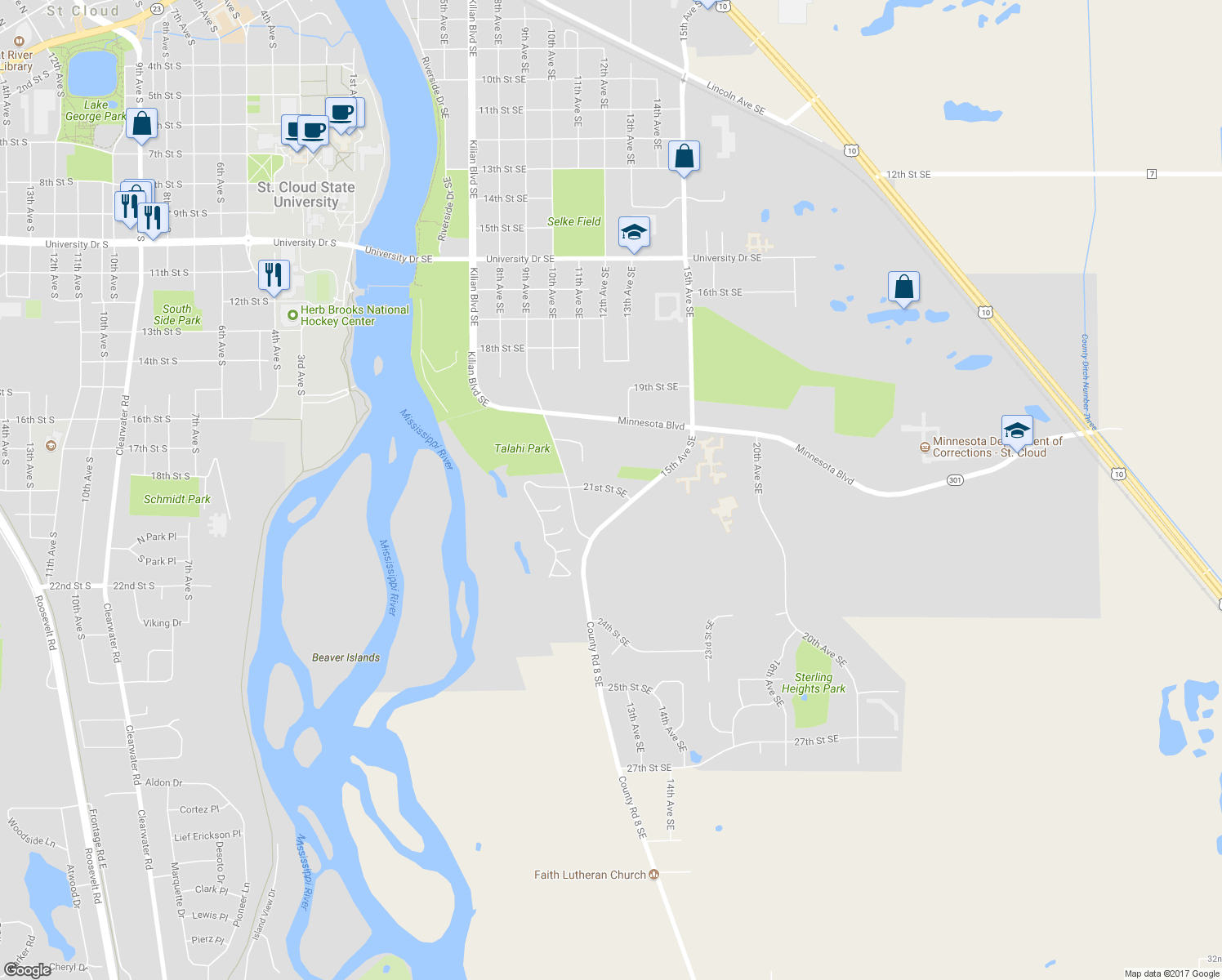 map of restaurants, bars, coffee shops, grocery stores, and more near 926 21st Street Southeast in St. Cloud