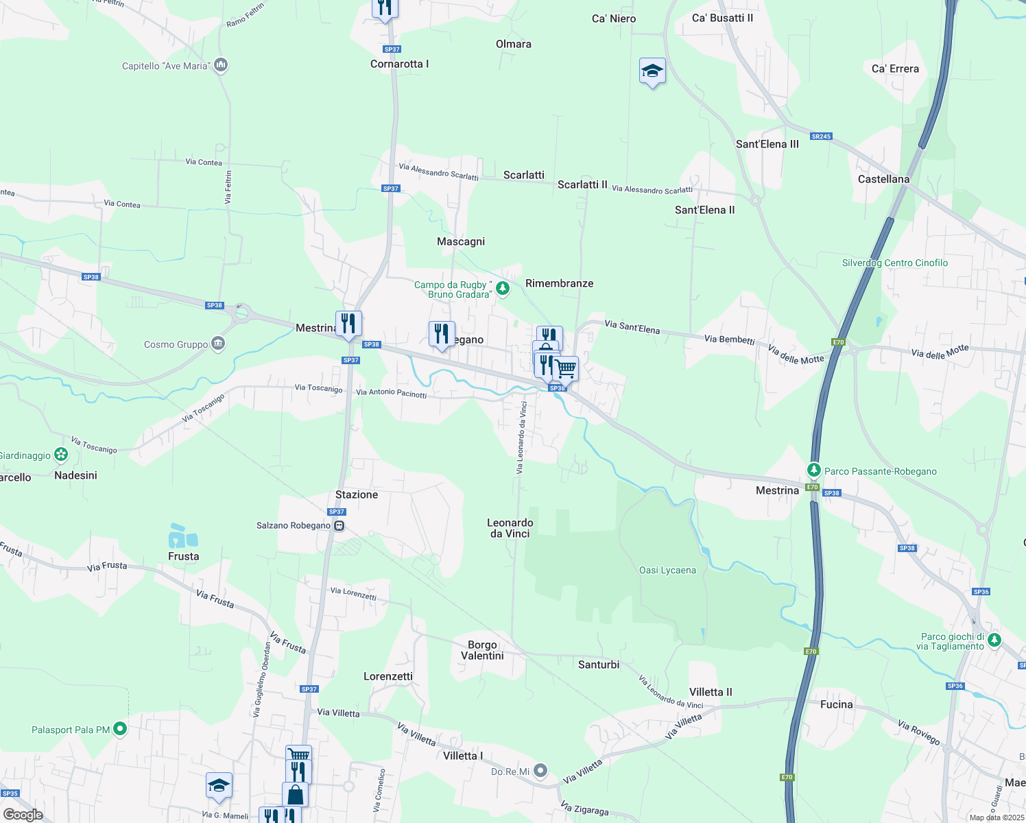 map of restaurants, bars, coffee shops, grocery stores, and more near 12 Via Leonardo da Vinci in Robegano