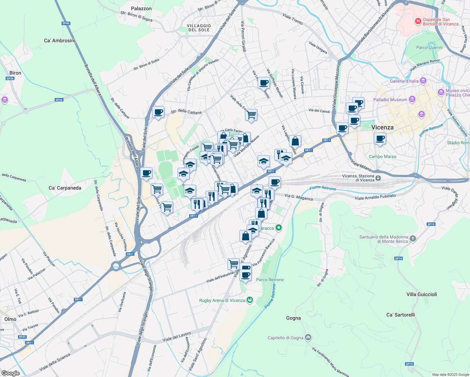 map of restaurants, bars, coffee shops, grocery stores, and more near 12 Viale San Lazzaro in Vicenza