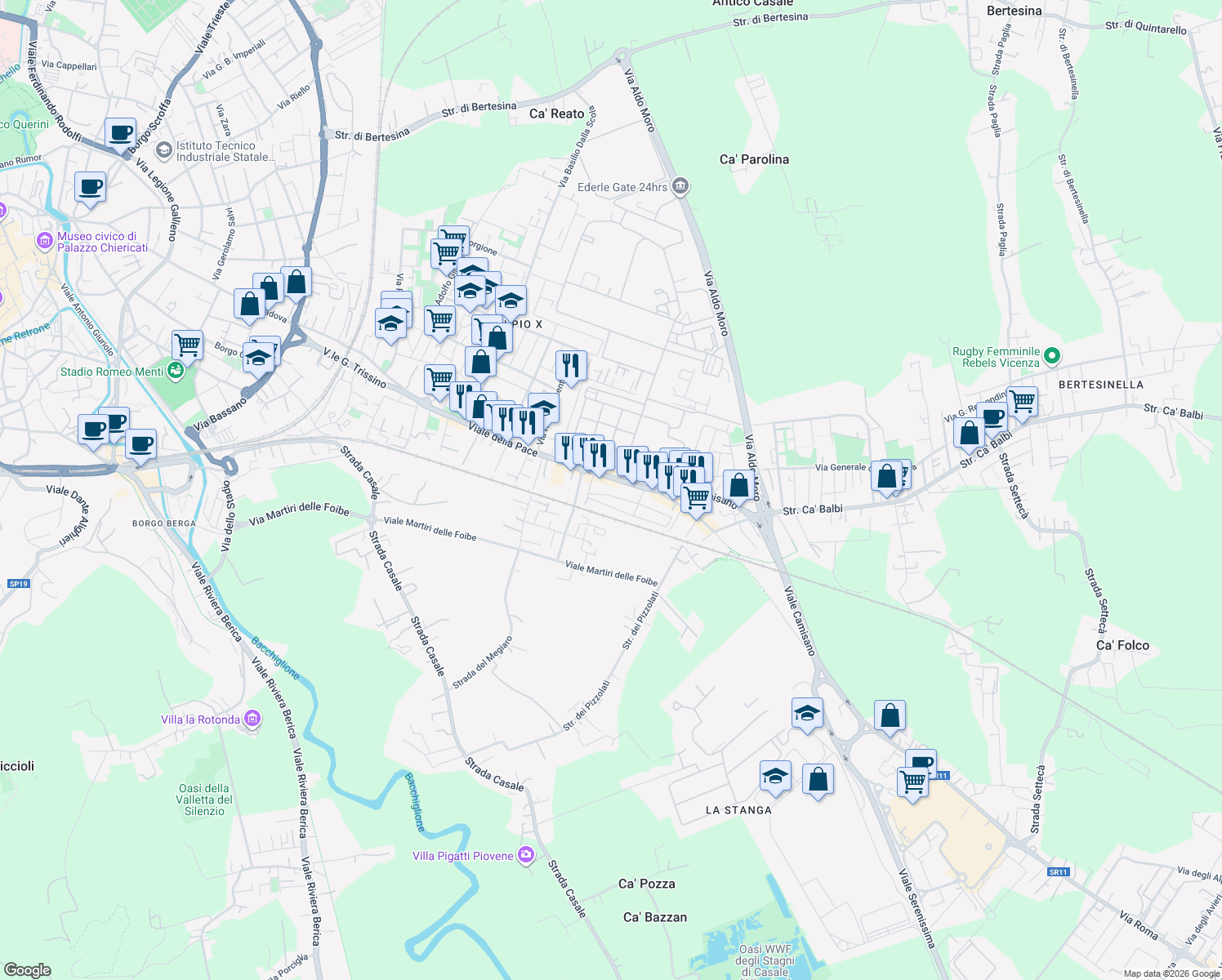 map of restaurants, bars, coffee shops, grocery stores, and more near 27 Via Lazzaro Bonamico in Vicenza