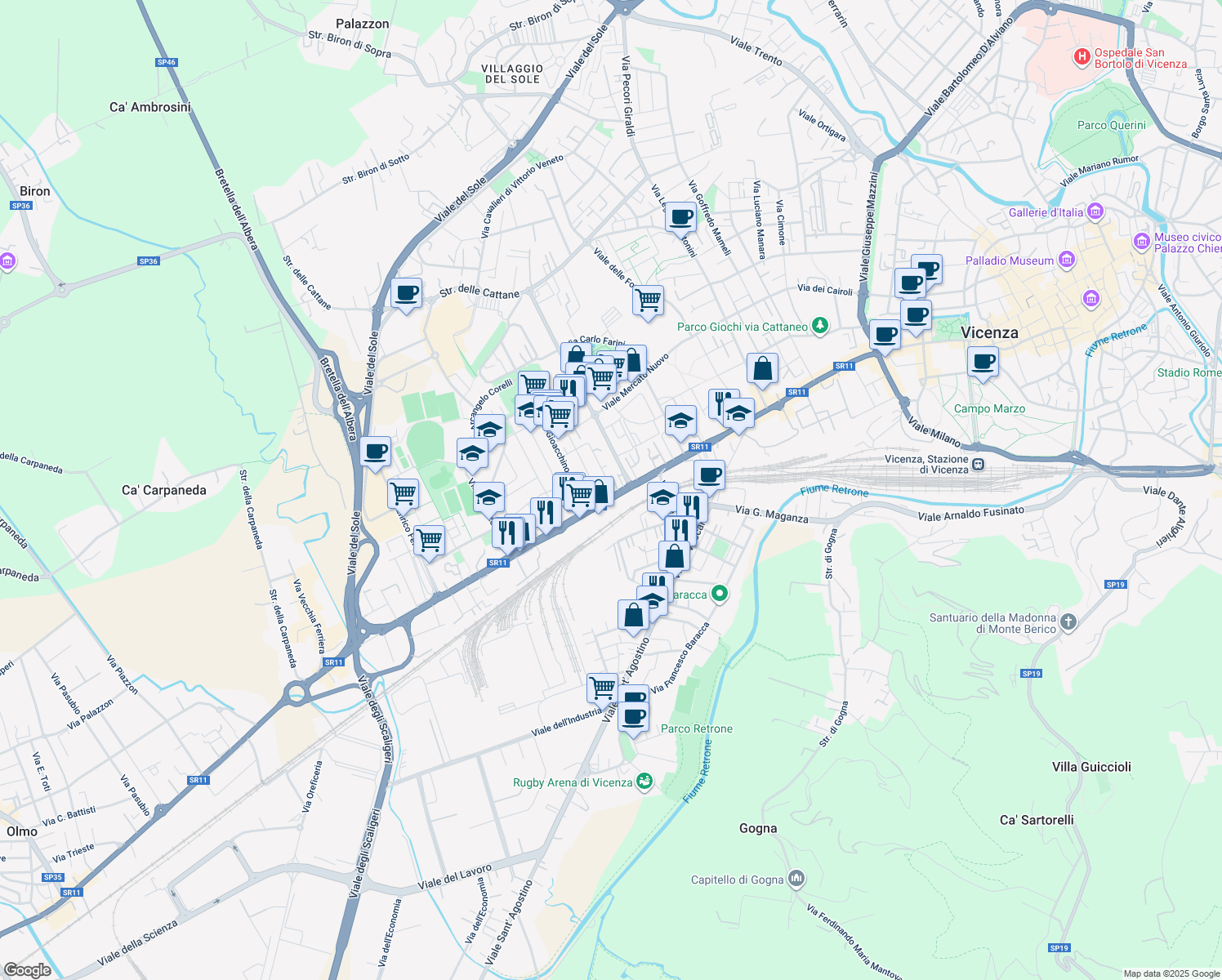 map of restaurants, bars, coffee shops, grocery stores, and more near 12 Viale San Lazzaro in Vicenza