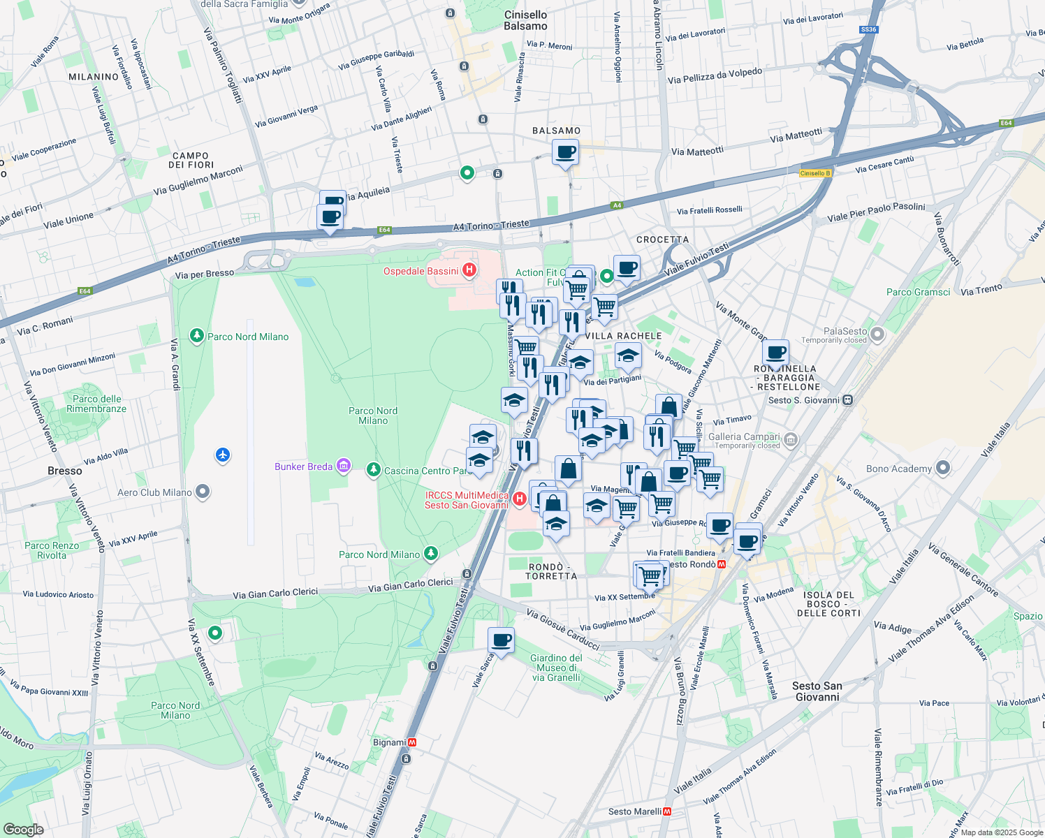 map of restaurants, bars, coffee shops, grocery stores, and more near 11 Viale Fulvio Testi in Cinisello Balsamo