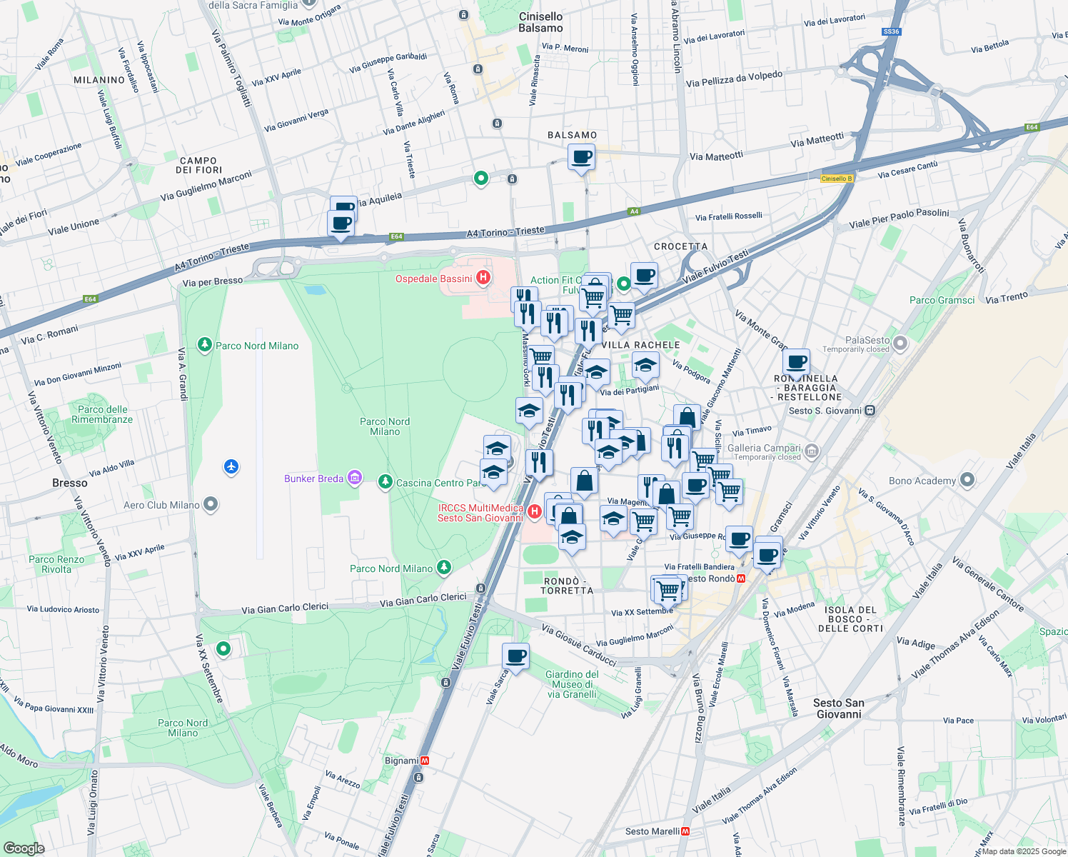 map of restaurants, bars, coffee shops, grocery stores, and more near 11 Viale Fulvio Testi in Cinisello Balsamo