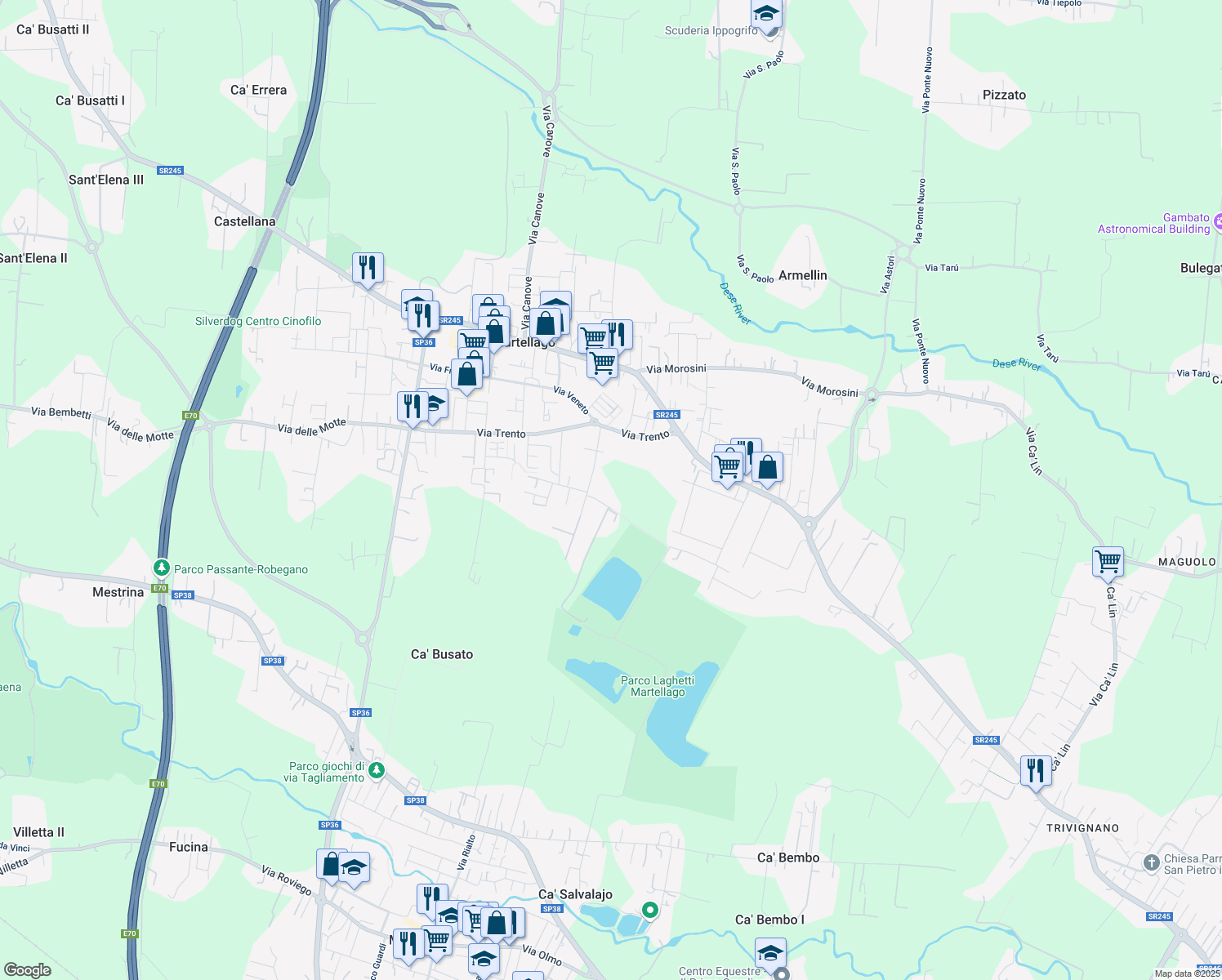 map of restaurants, bars, coffee shops, grocery stores, and more near 17 Via delle Pree in Martellago