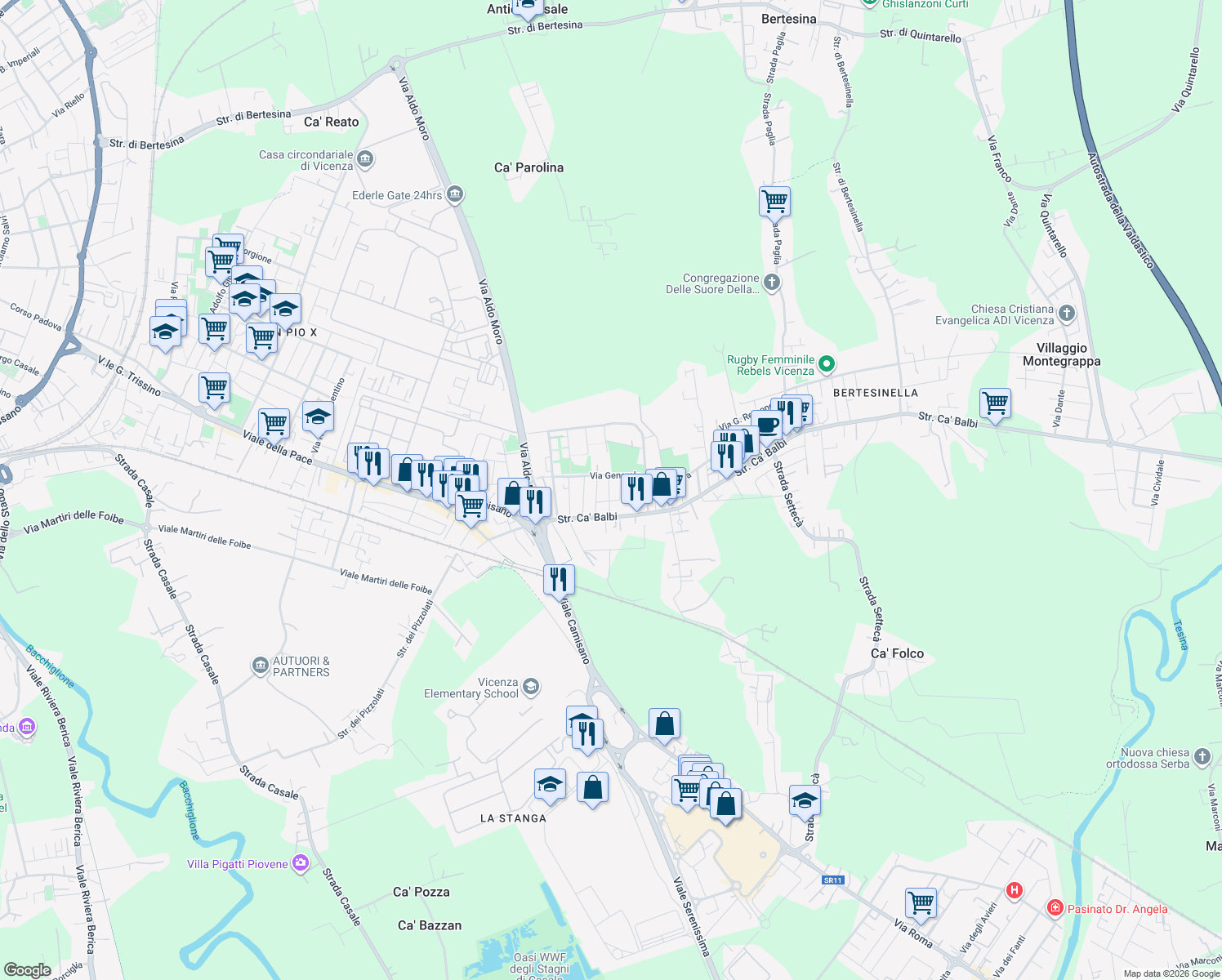 map of restaurants, bars, coffee shops, grocery stores, and more near 2 Via Giovanni Emiliani in Vicenza