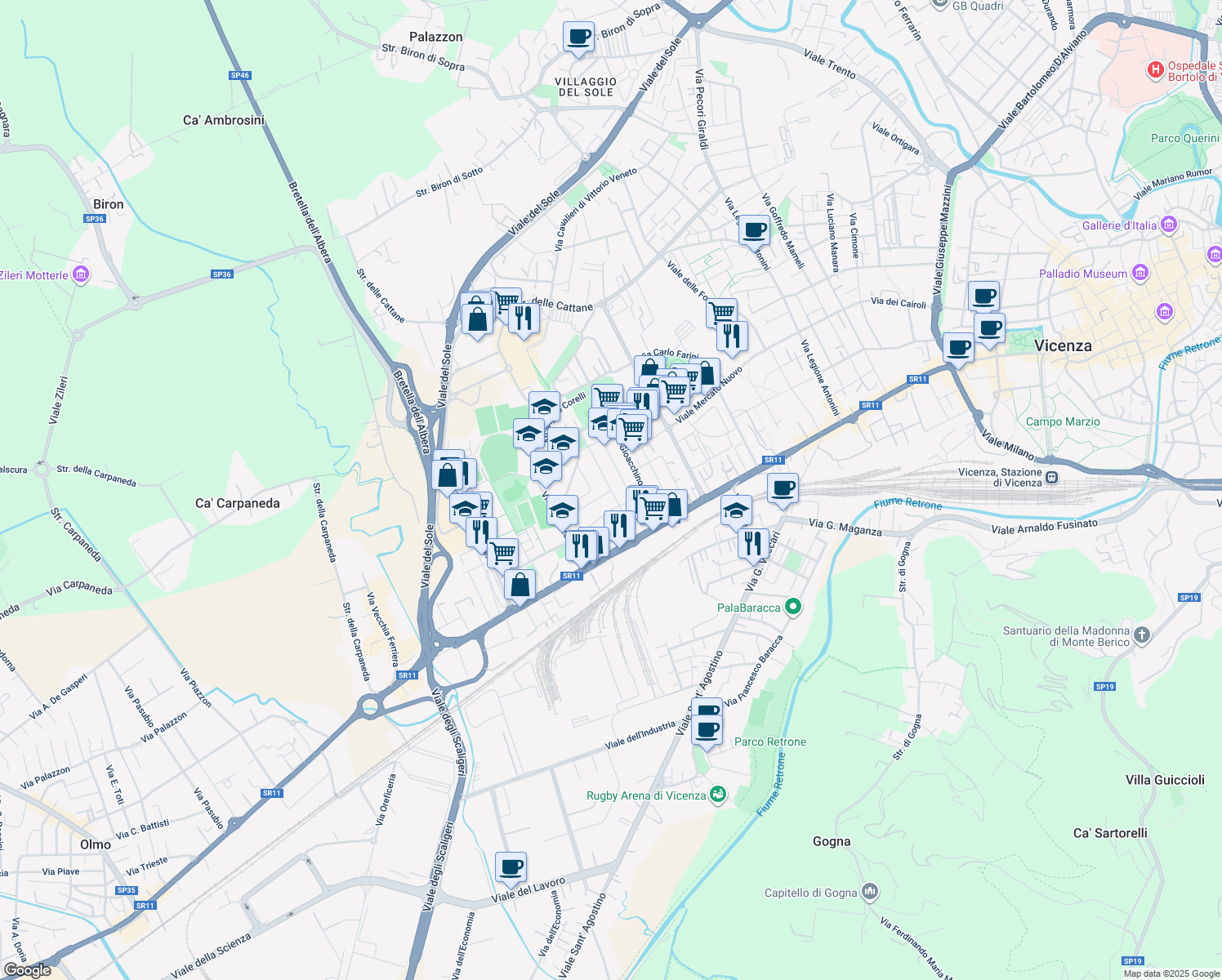 map of restaurants, bars, coffee shops, grocery stores, and more near Via Arrigo Boito in Vicenza