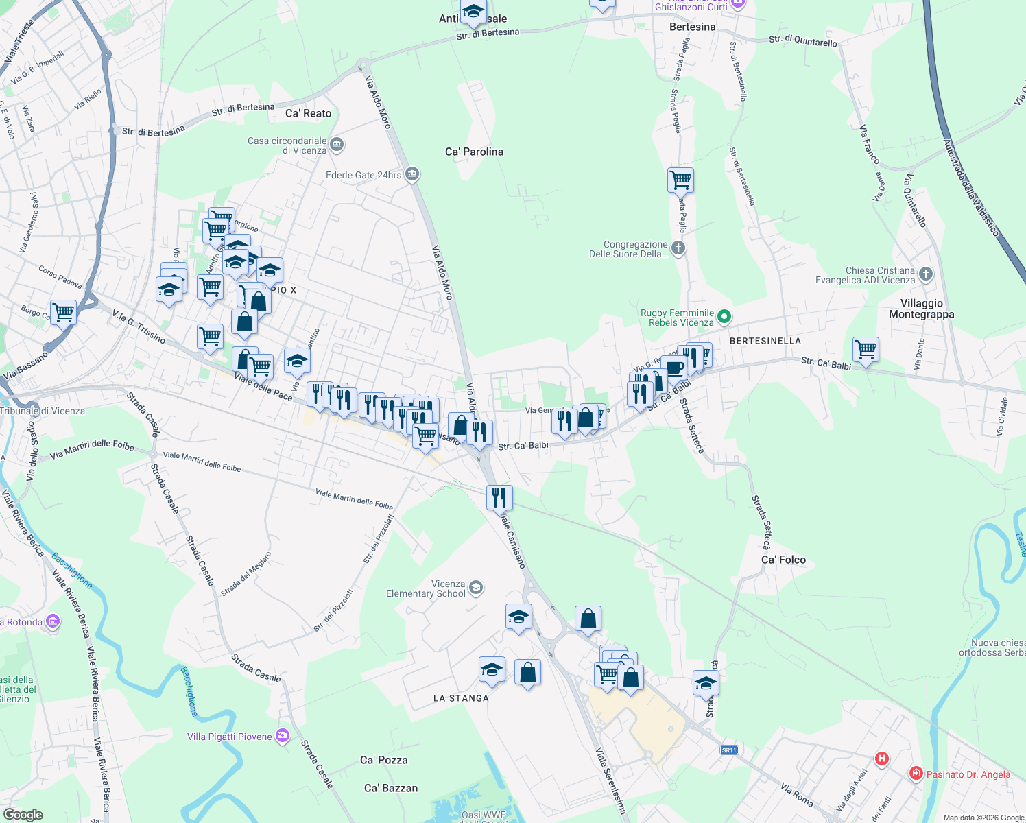 map of restaurants, bars, coffee shops, grocery stores, and more near 235 Via Generale Carlo Alberto dalla Chiesa in Vicenza