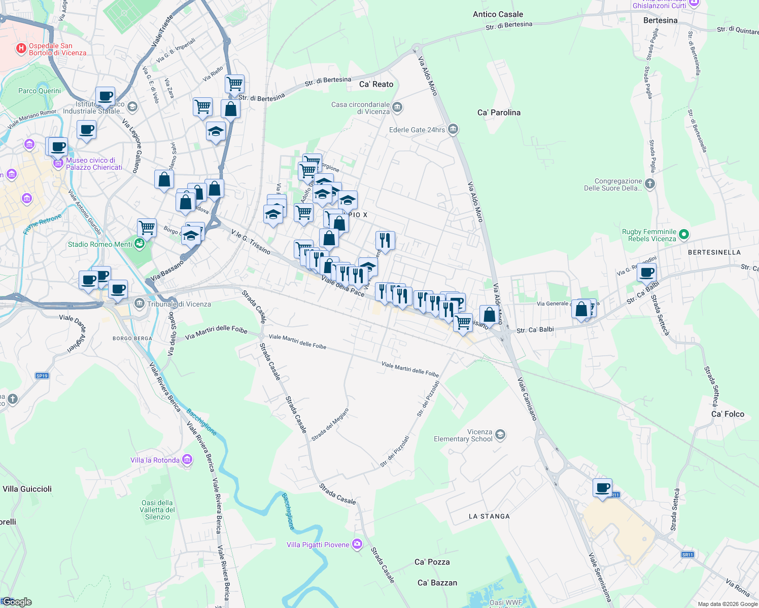 map of restaurants, bars, coffee shops, grocery stores, and more near 236 Viale della Pace in Vicenza