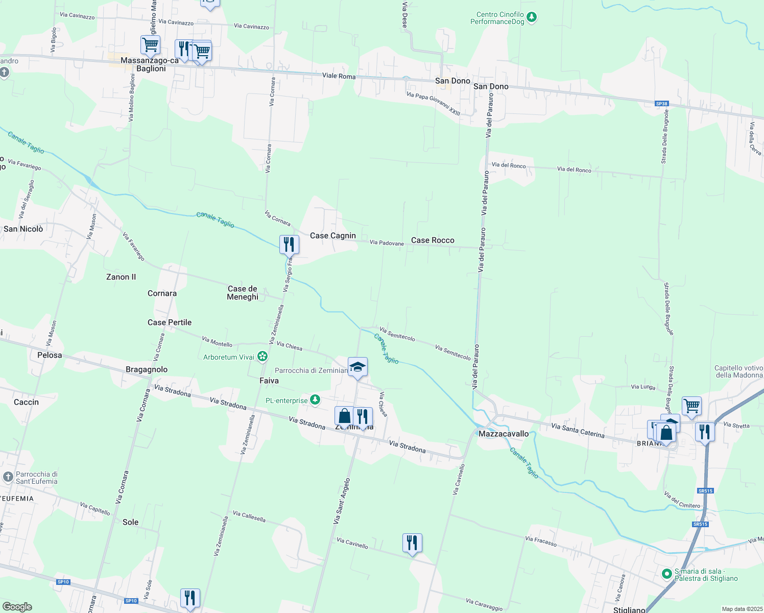 map of restaurants, bars, coffee shops, grocery stores, and more near 5 Via Semitecolo in Provincia di Padova