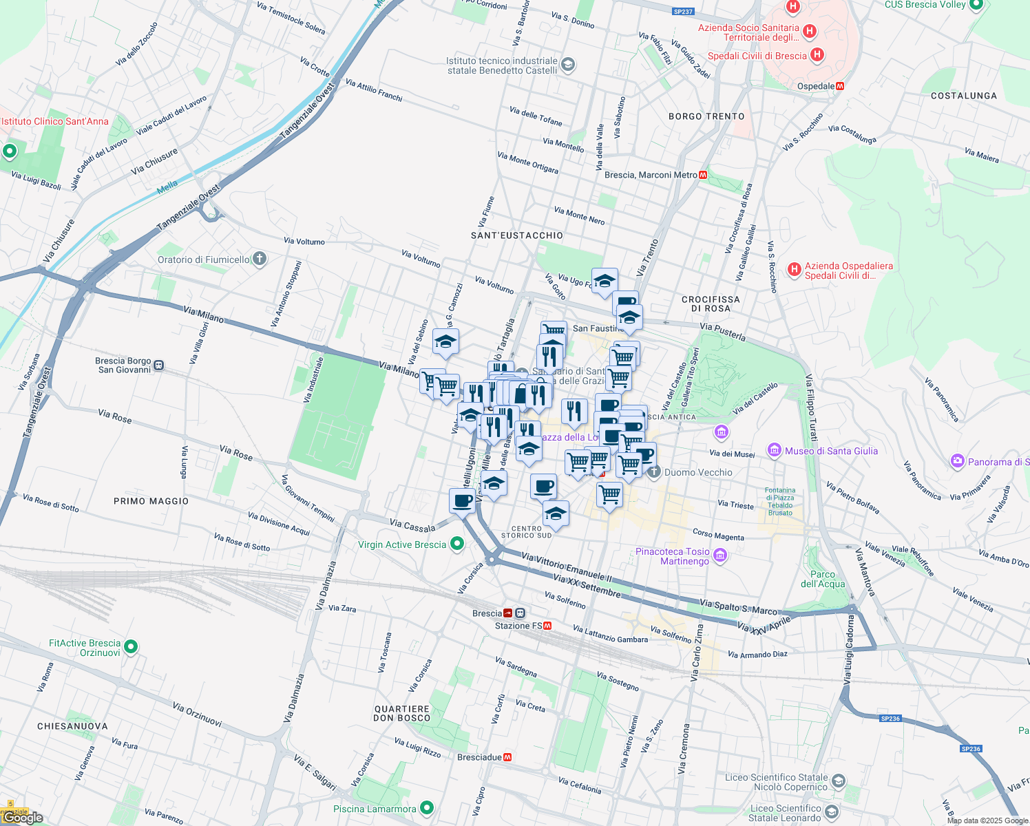 map of restaurants, bars, coffee shops, grocery stores, and more near 1-27 Vicolo del Laghetto in Brescia