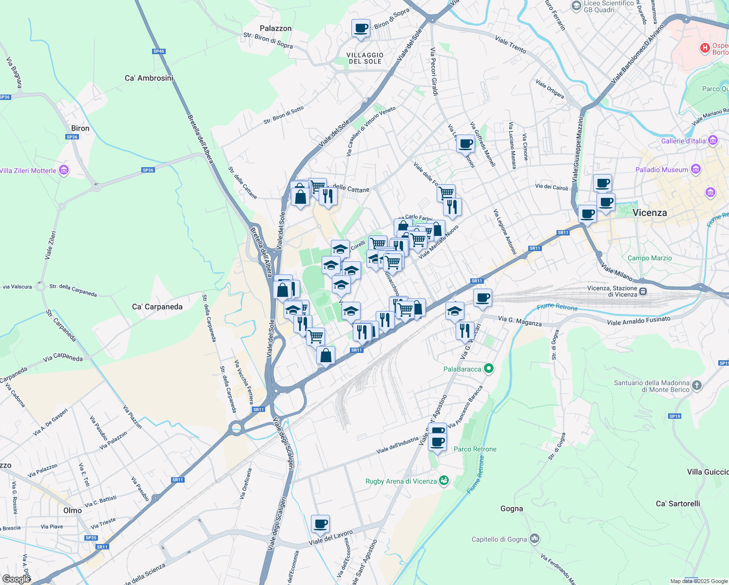 map of restaurants, bars, coffee shops, grocery stores, and more near Via Arrigo Boito in Vicenza