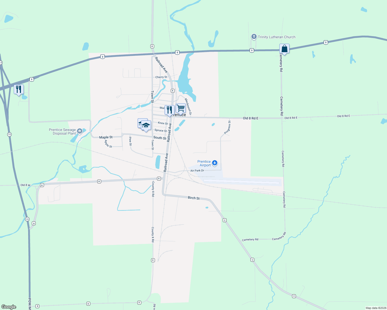 map of restaurants, bars, coffee shops, grocery stores, and more near 433 Greentree Drive in Prentice