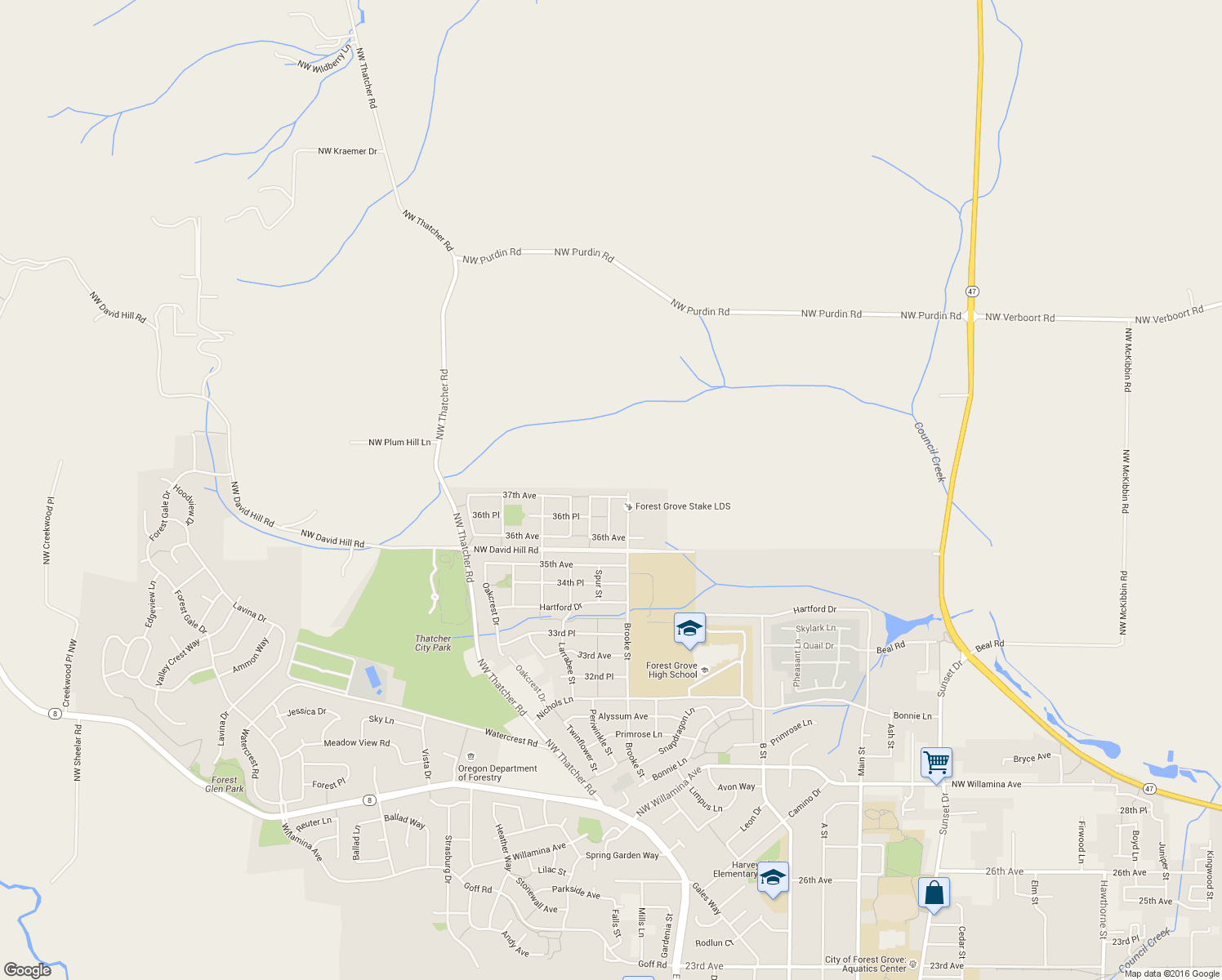 map of restaurants, bars, coffee shops, grocery stores, and more near 1327 37th Ave in Forest Grove