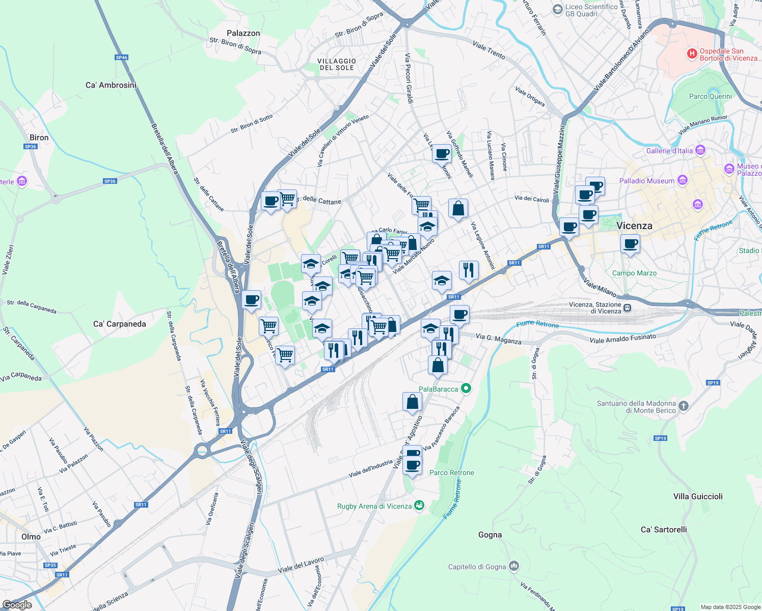 map of restaurants, bars, coffee shops, grocery stores, and more near 26 Via Pietro Mascagni in Vicenza
