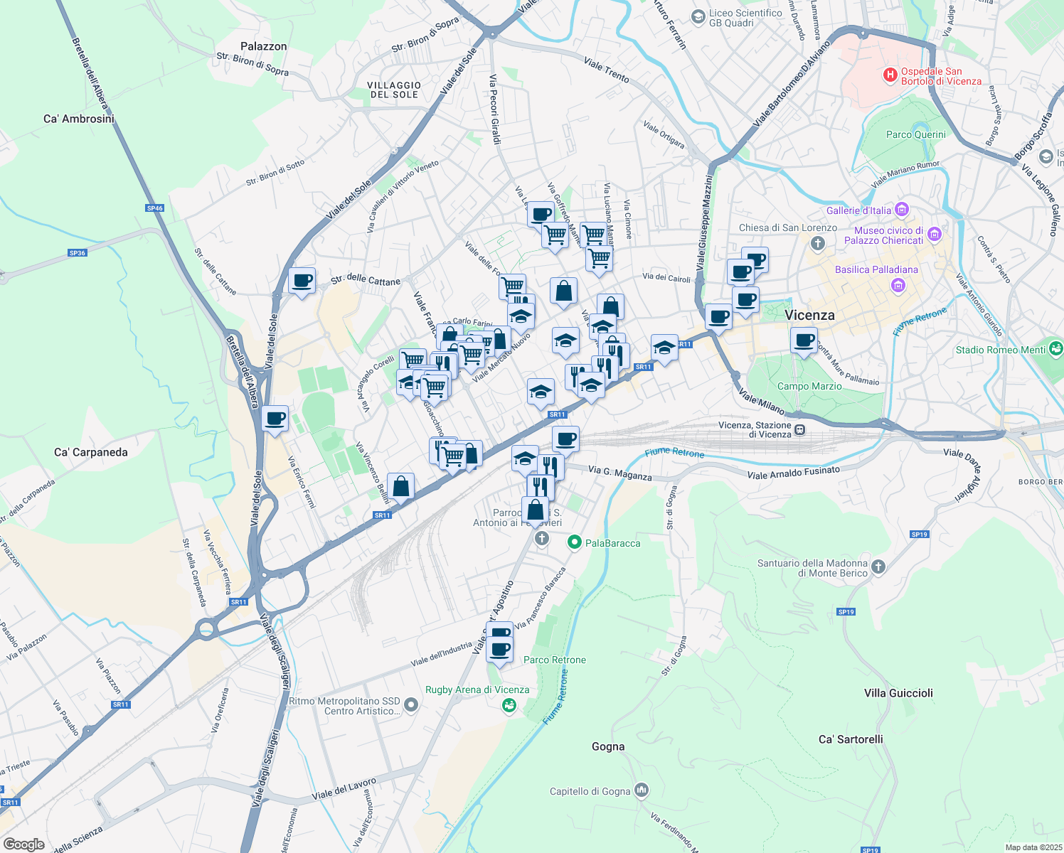 map of restaurants, bars, coffee shops, grocery stores, and more near 98 Viale Verona in Vicenza