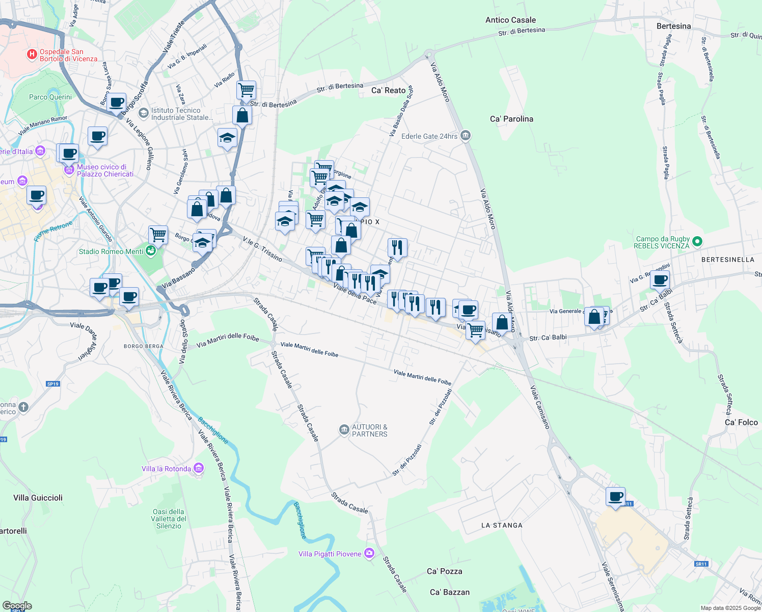 map of restaurants, bars, coffee shops, grocery stores, and more near 224 Viale della Pace in Vicenza