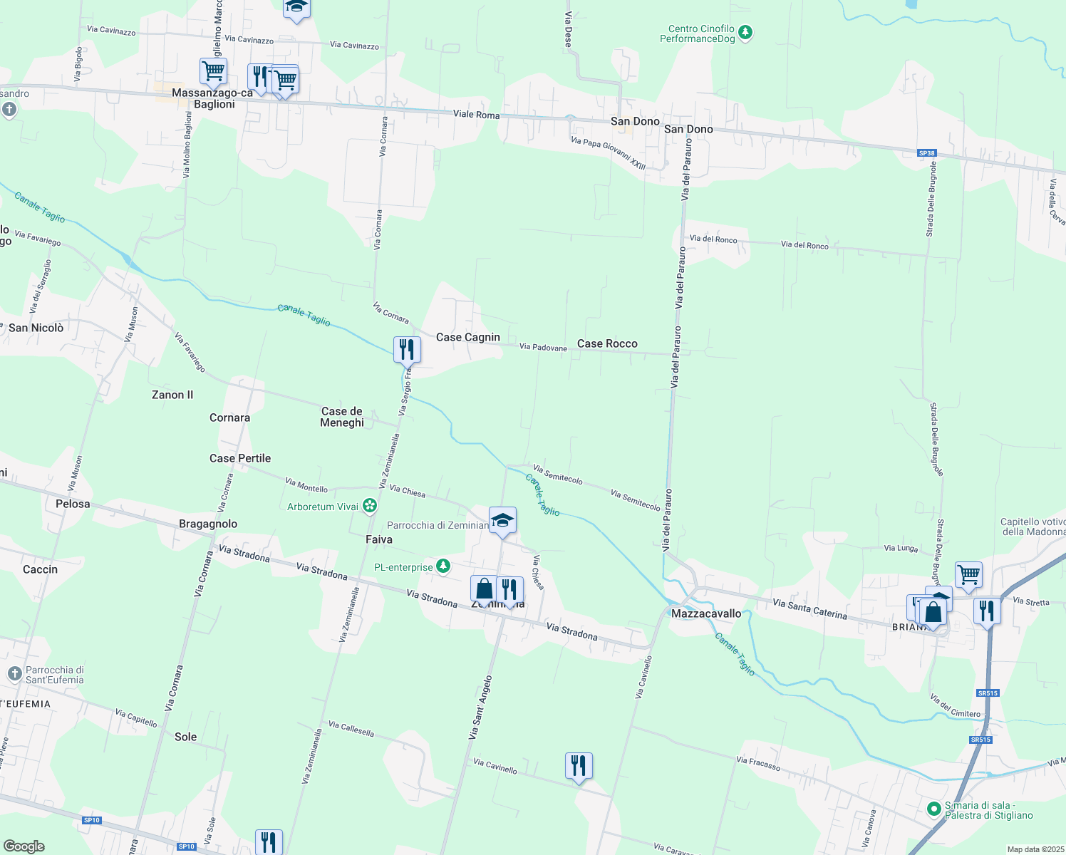 map of restaurants, bars, coffee shops, grocery stores, and more near 5 Via Semitecolo in Provincia di Padova