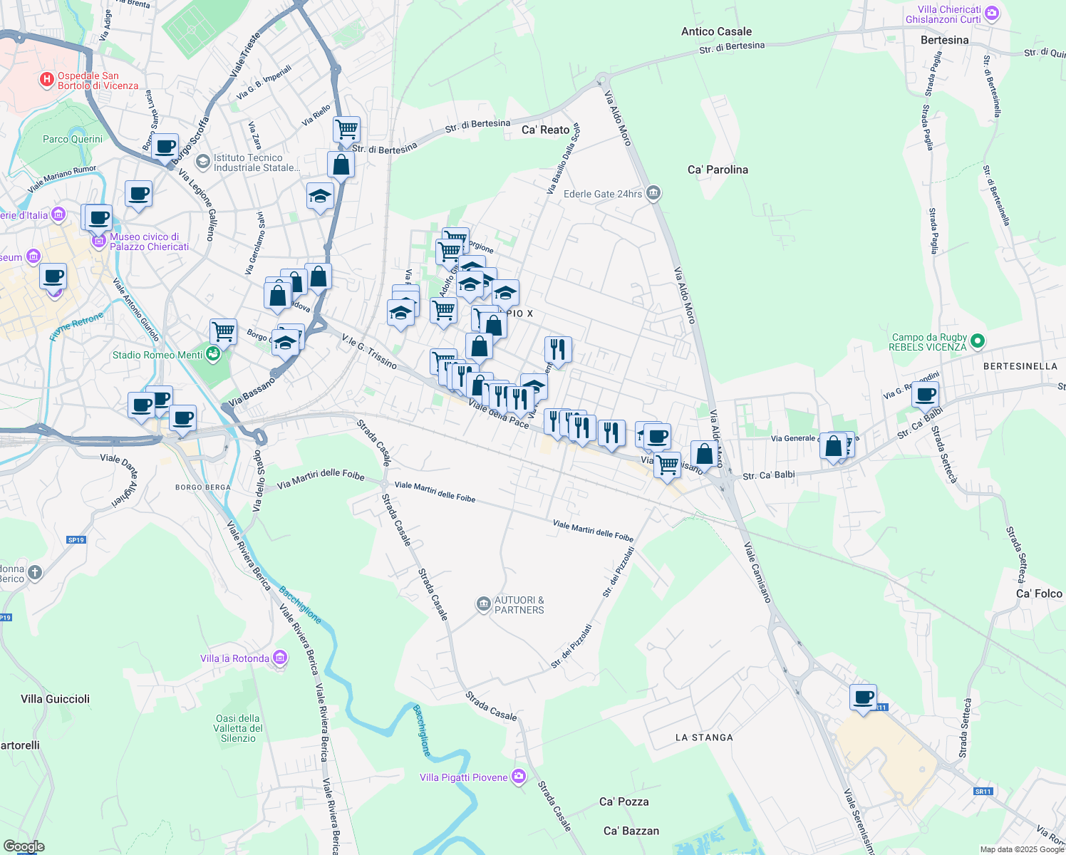 map of restaurants, bars, coffee shops, grocery stores, and more near 224 Viale della Pace in Vicenza