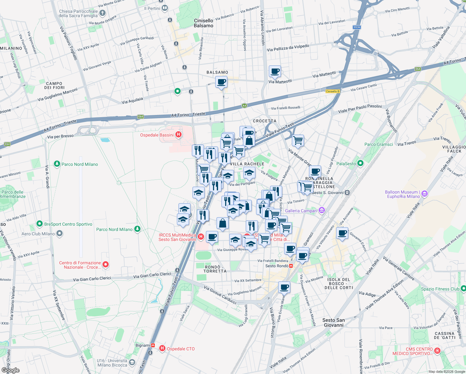 map of restaurants, bars, coffee shops, grocery stores, and more near 116 Via dei Partigiani in Cinisello Balsamo