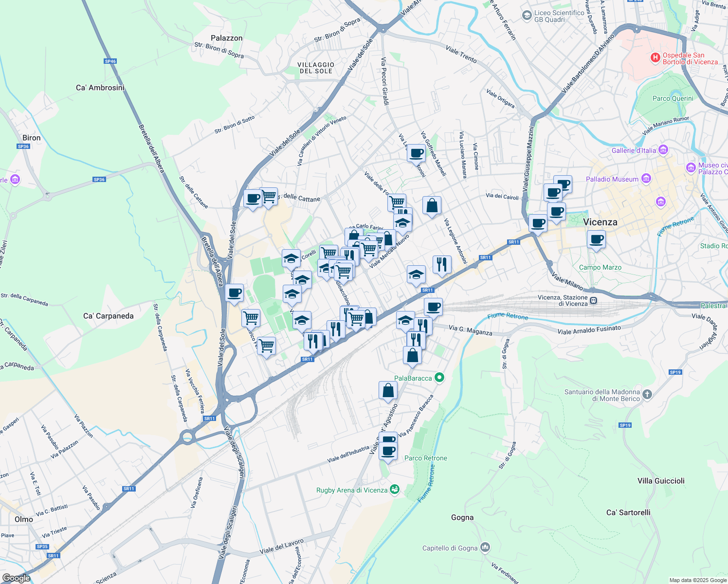 map of restaurants, bars, coffee shops, grocery stores, and more near 26 Via Pietro Mascagni in Vicenza